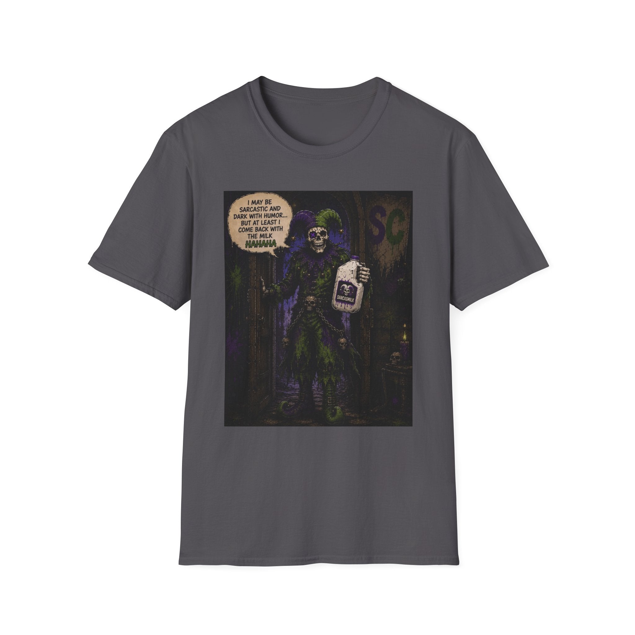 Skeleton with Milk Jug Graphic T-Shirt — 'I Love It When My Bones Pop' Goth Halloween Tee