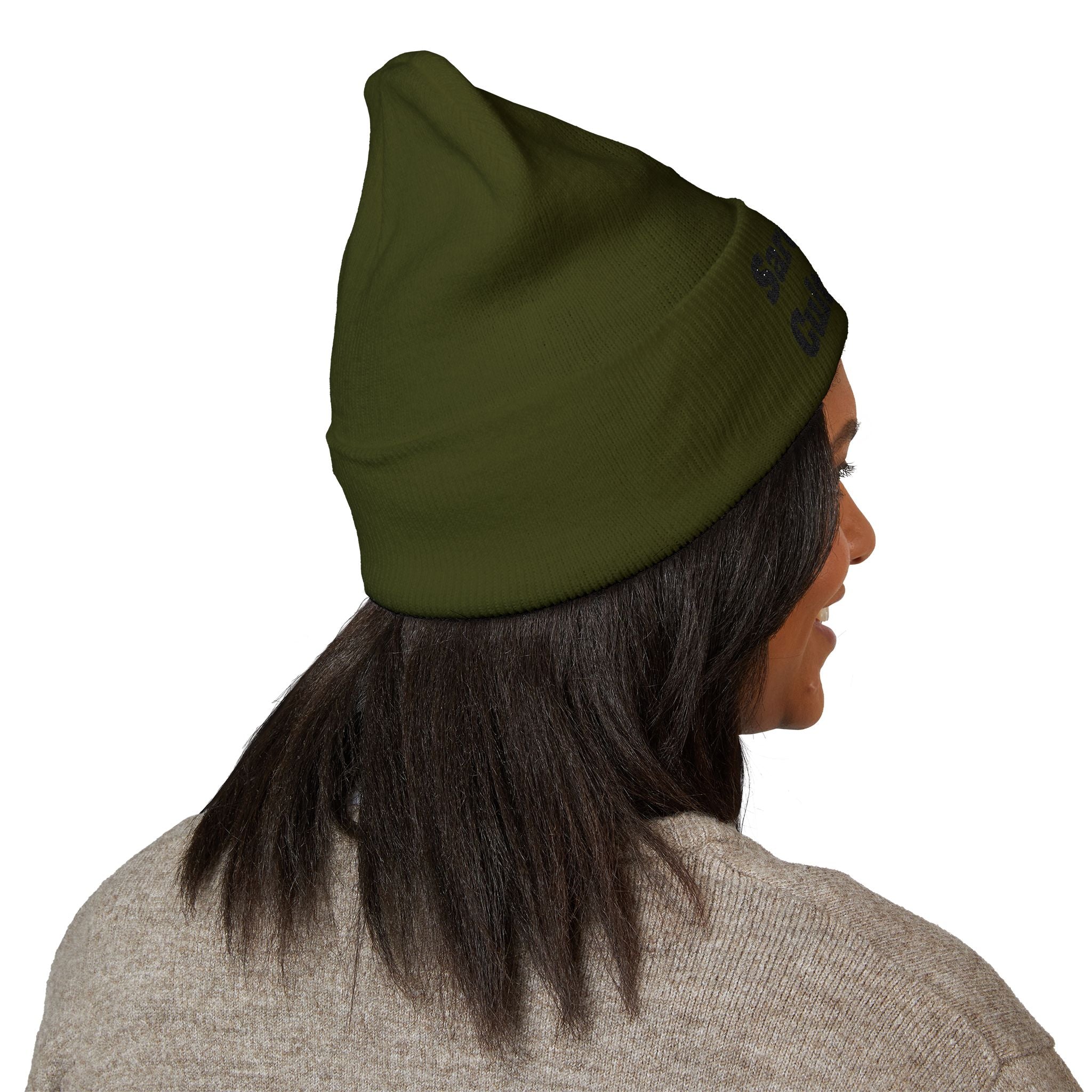 Sarcasm Culture Embroidered Cuffed Beanie — Olive Knit Winter Hat