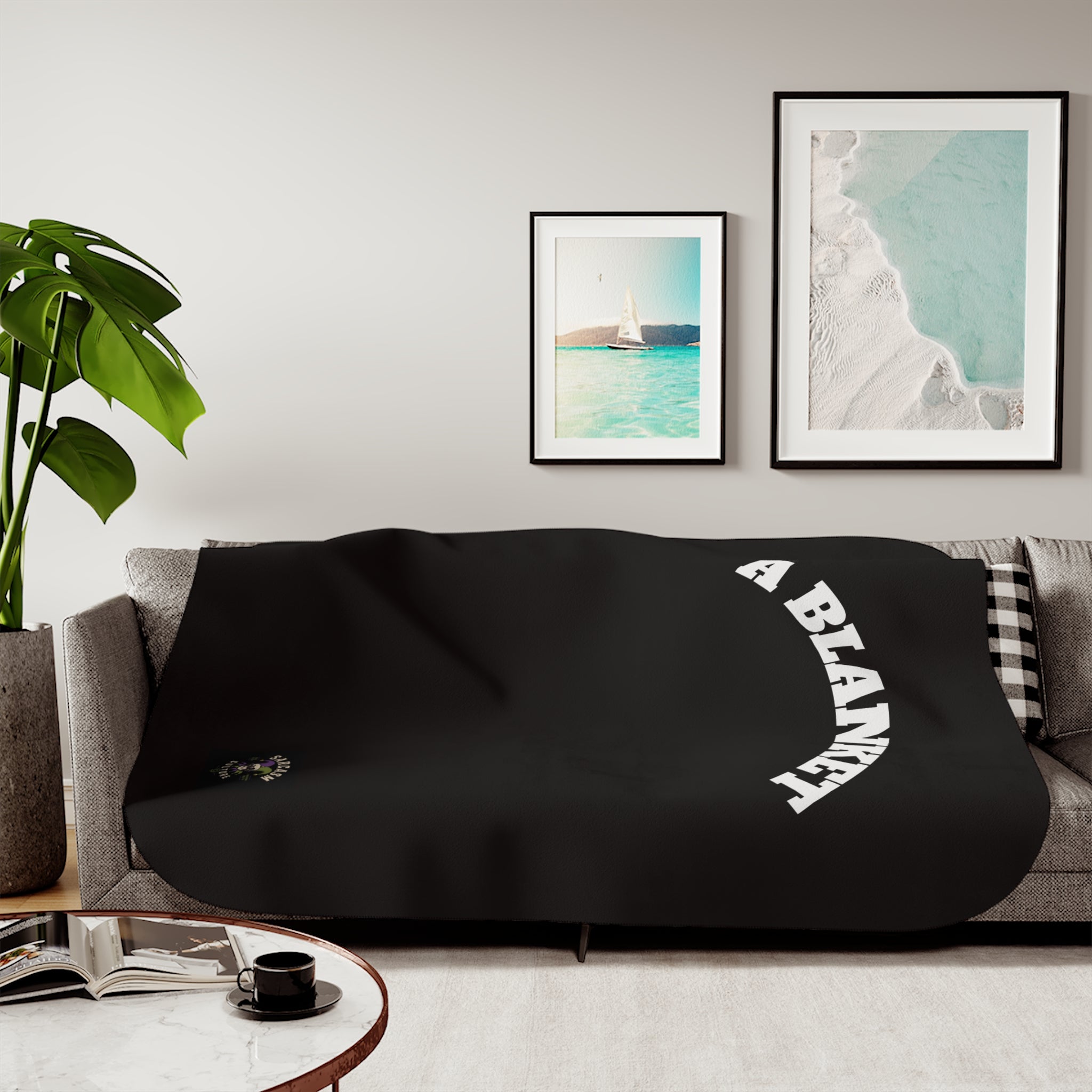 Sherpa Blanket — Cozy Black Throw with “A BLANKET” Arch Text