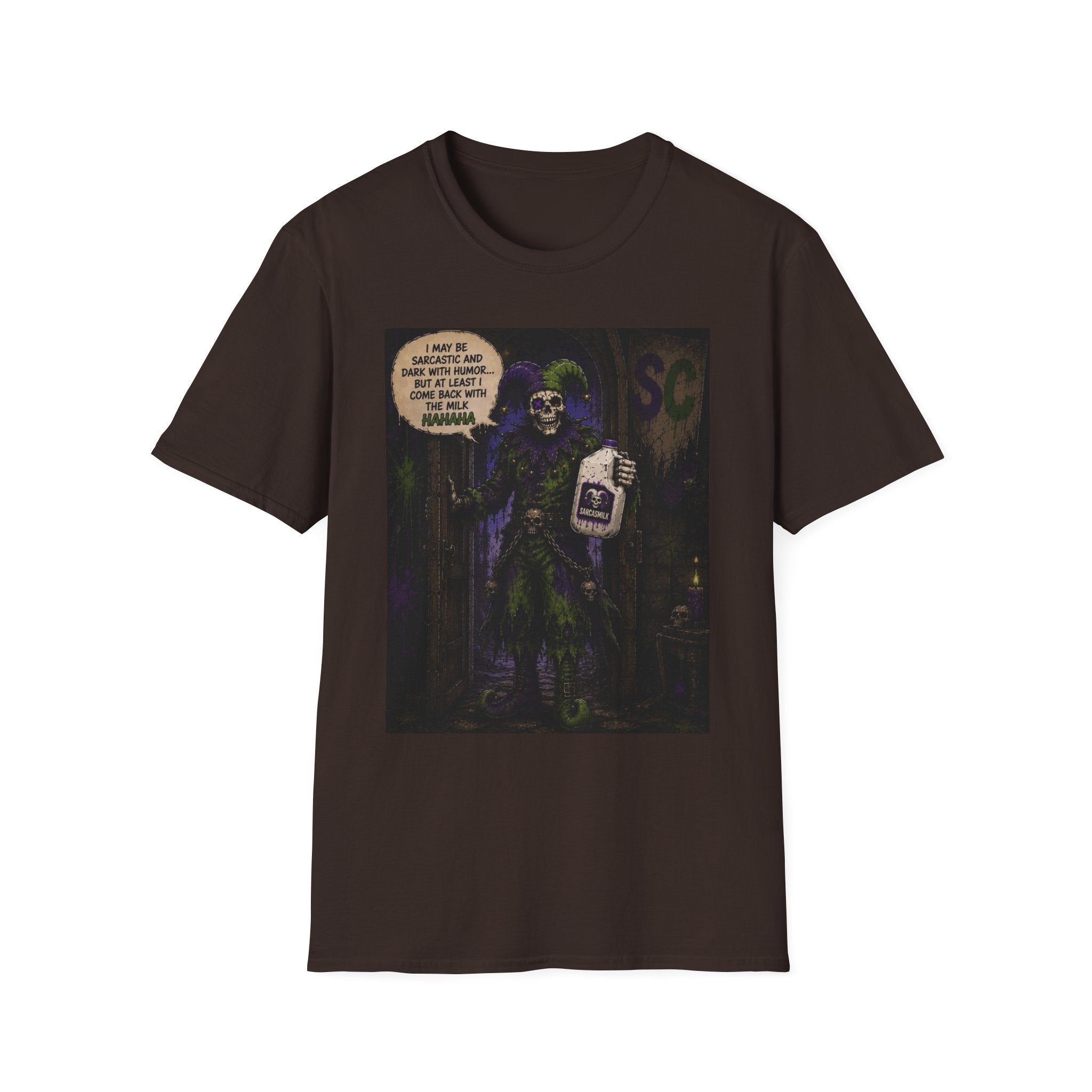 Skeleton with Milk Jug Graphic T-Shirt — 'I Love It When My Bones Pop' Goth Halloween Tee