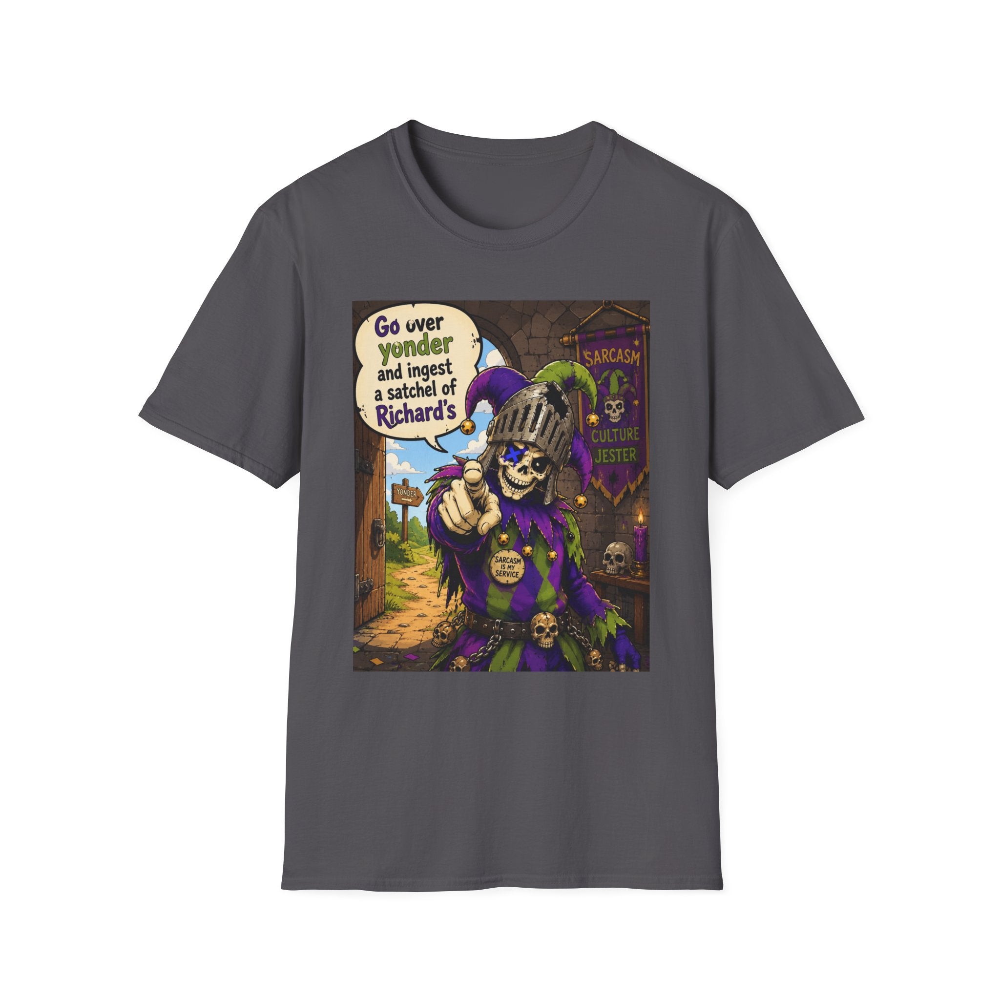 Funny Medieval Skeleton T‑Shirt – 'Go over yonder and ingest a satchel of Richard's' Graphic Tee