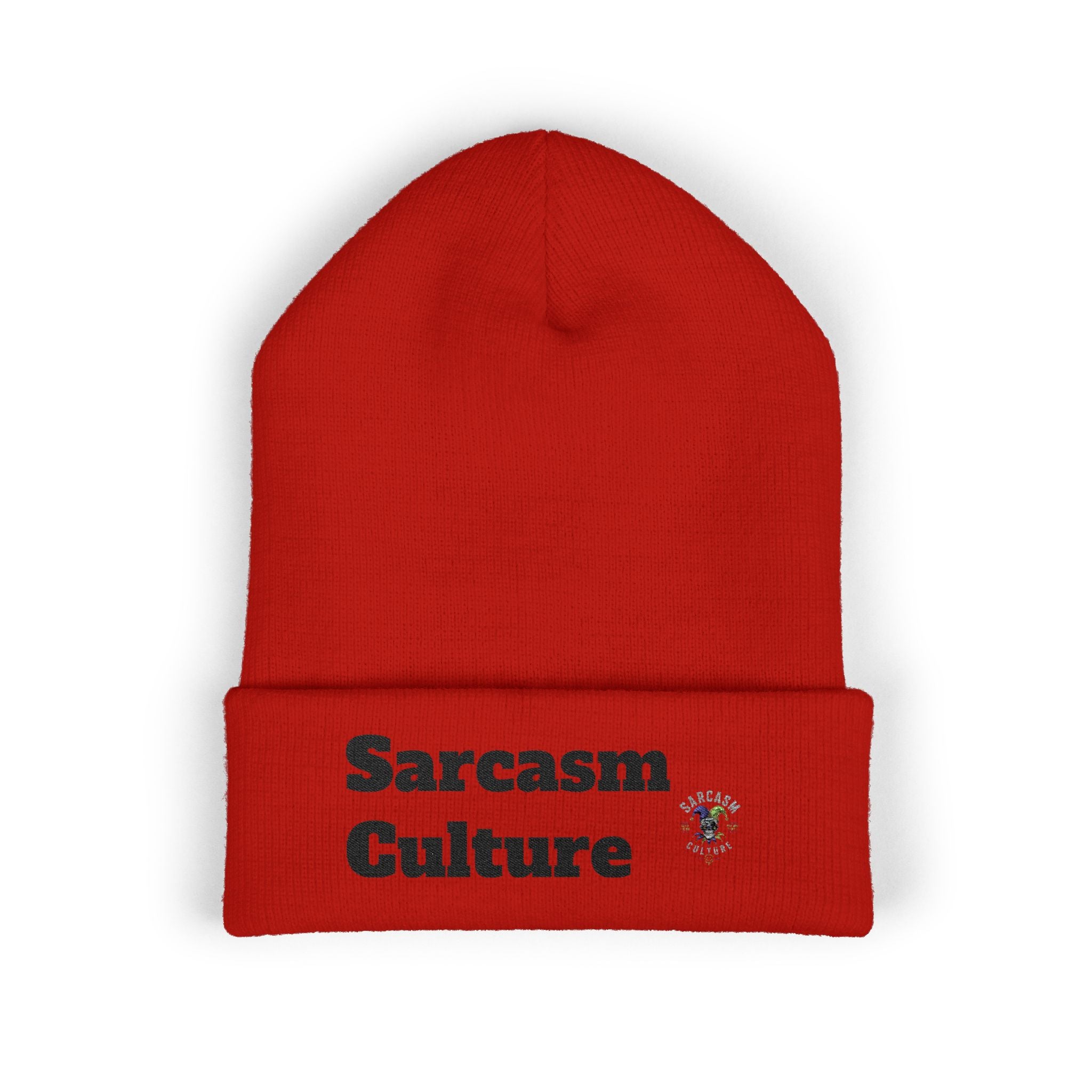 Sarcasm Culture Embroidered Cuffed Beanie — Olive Knit Winter Hat