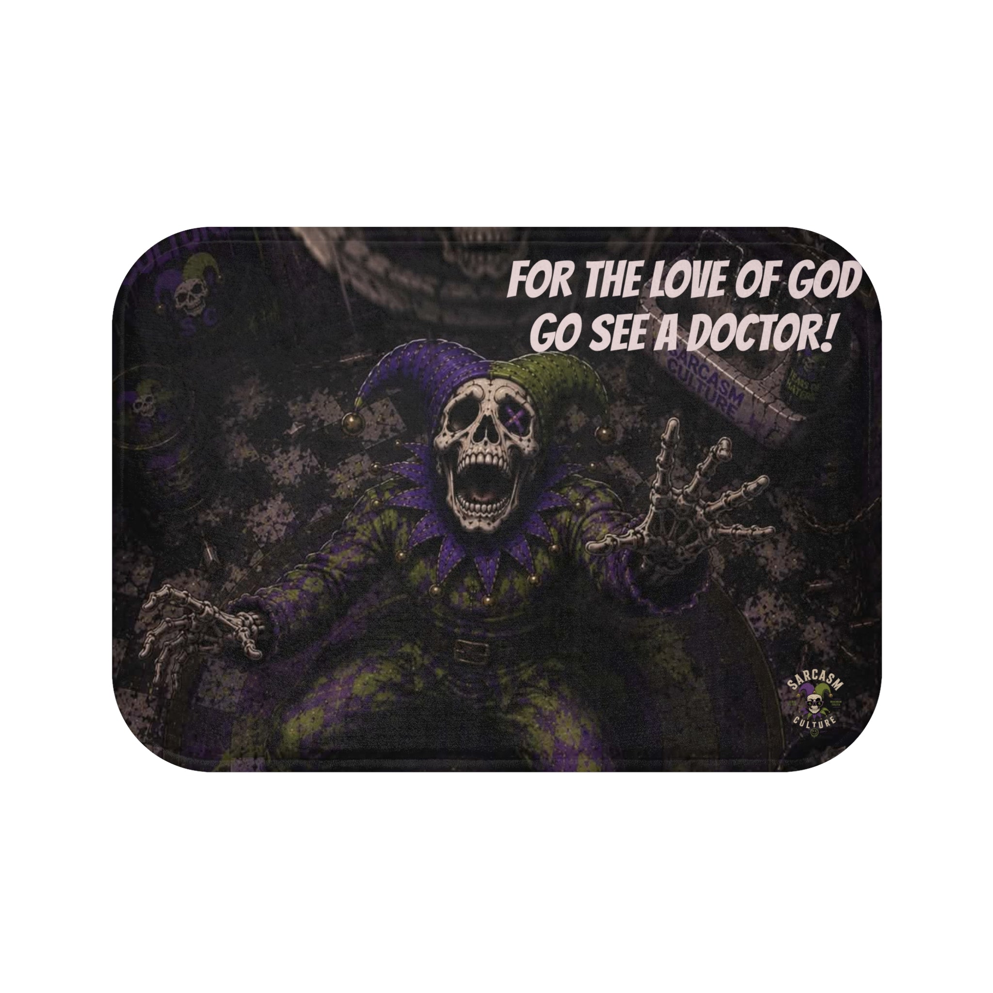 Gothic Skull Jester Bath Mat — "For the Love of God Go See a Doctor!"