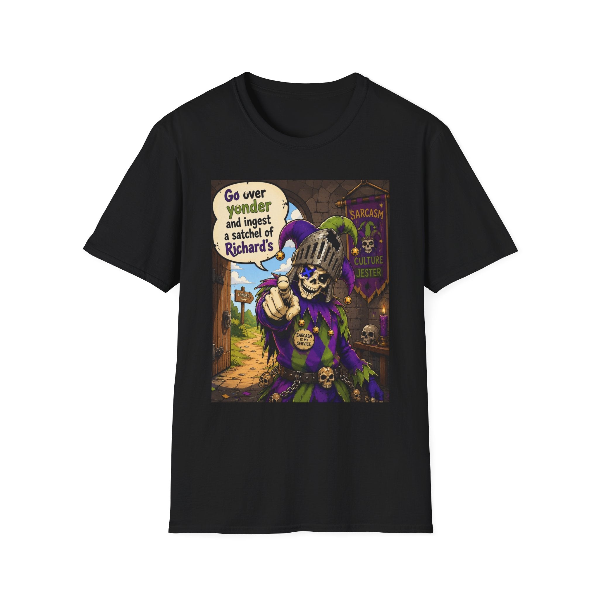 Funny Medieval Skeleton T‑Shirt – 'Go over yonder and ingest a satchel of Richard's' Graphic Tee