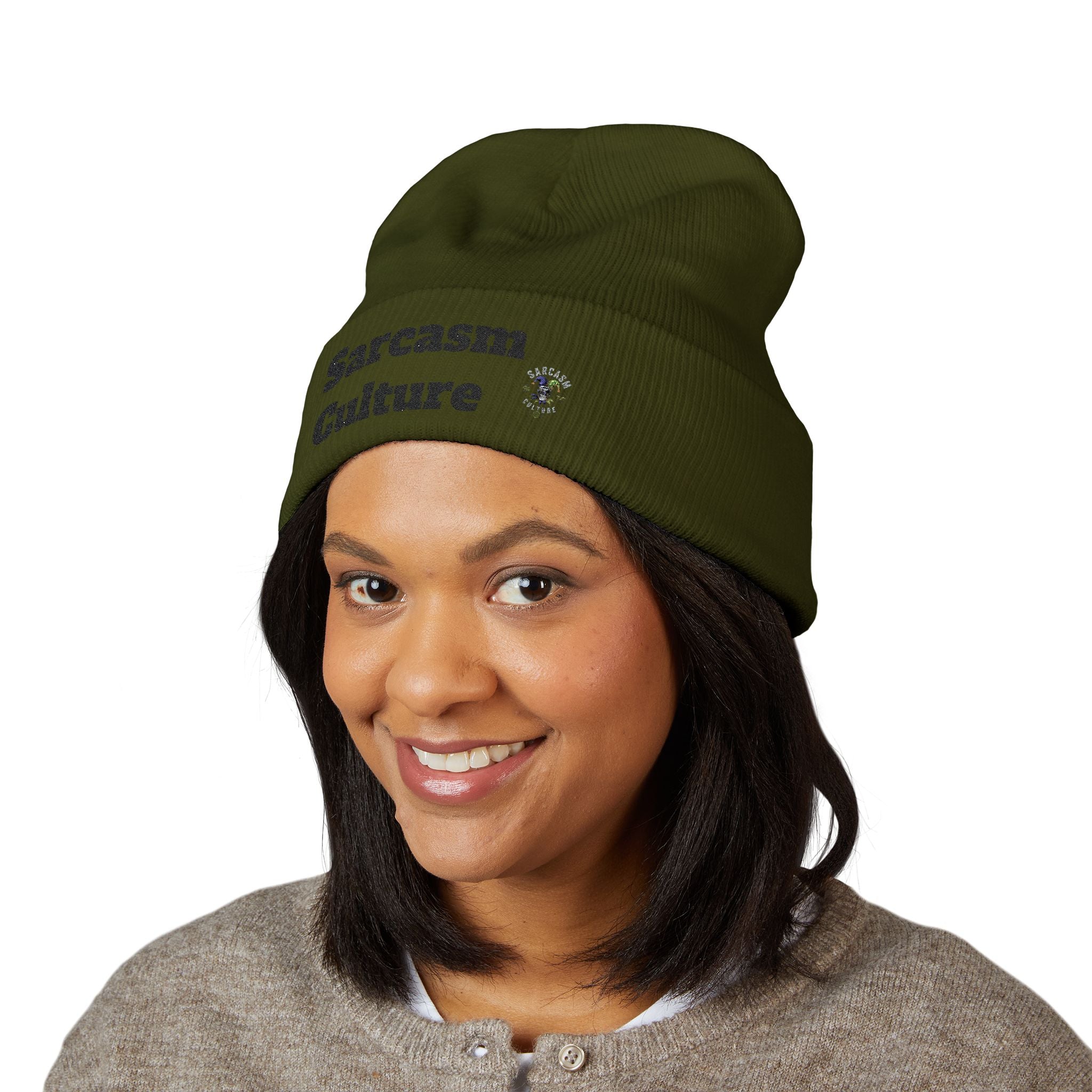 Sarcasm Culture Embroidered Cuffed Beanie — Olive Knit Winter Hat