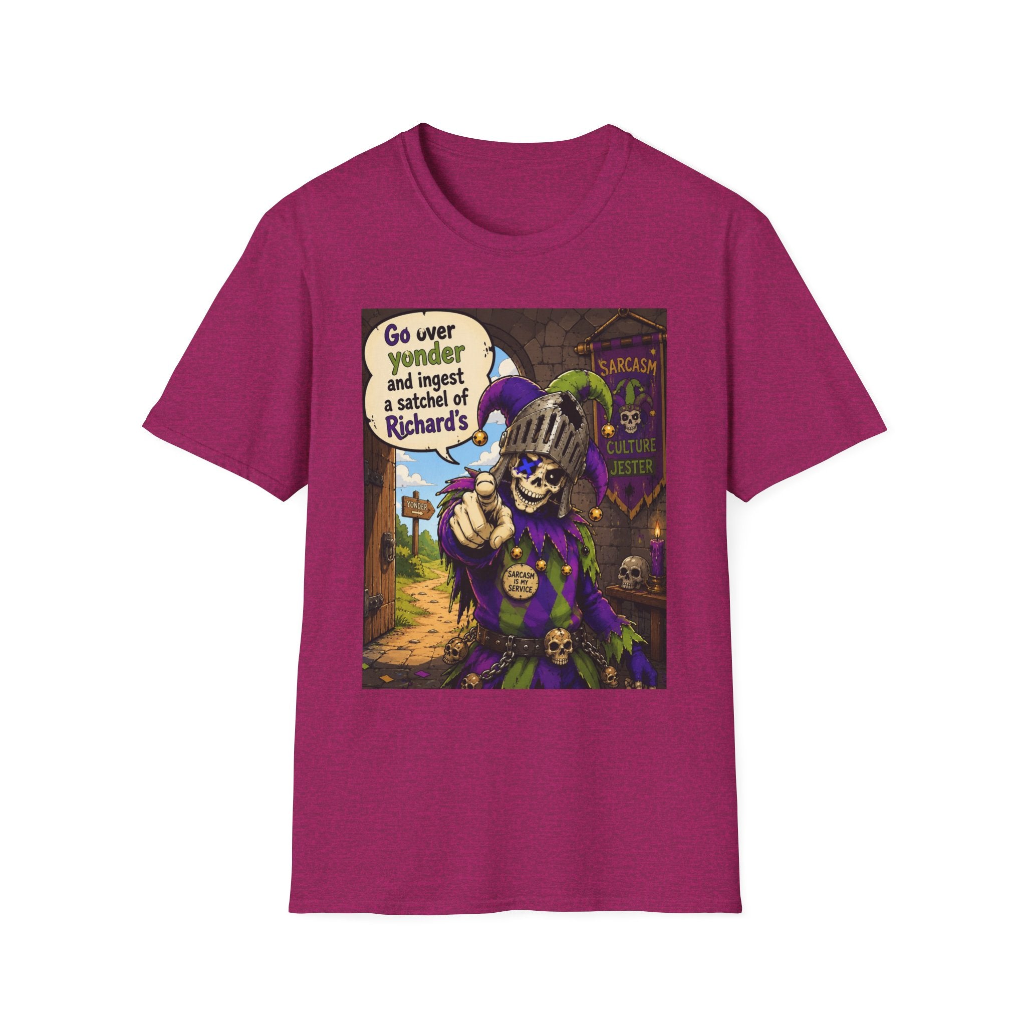 Funny Medieval Skeleton T‑Shirt – 'Go over yonder and ingest a satchel of Richard's' Graphic Tee