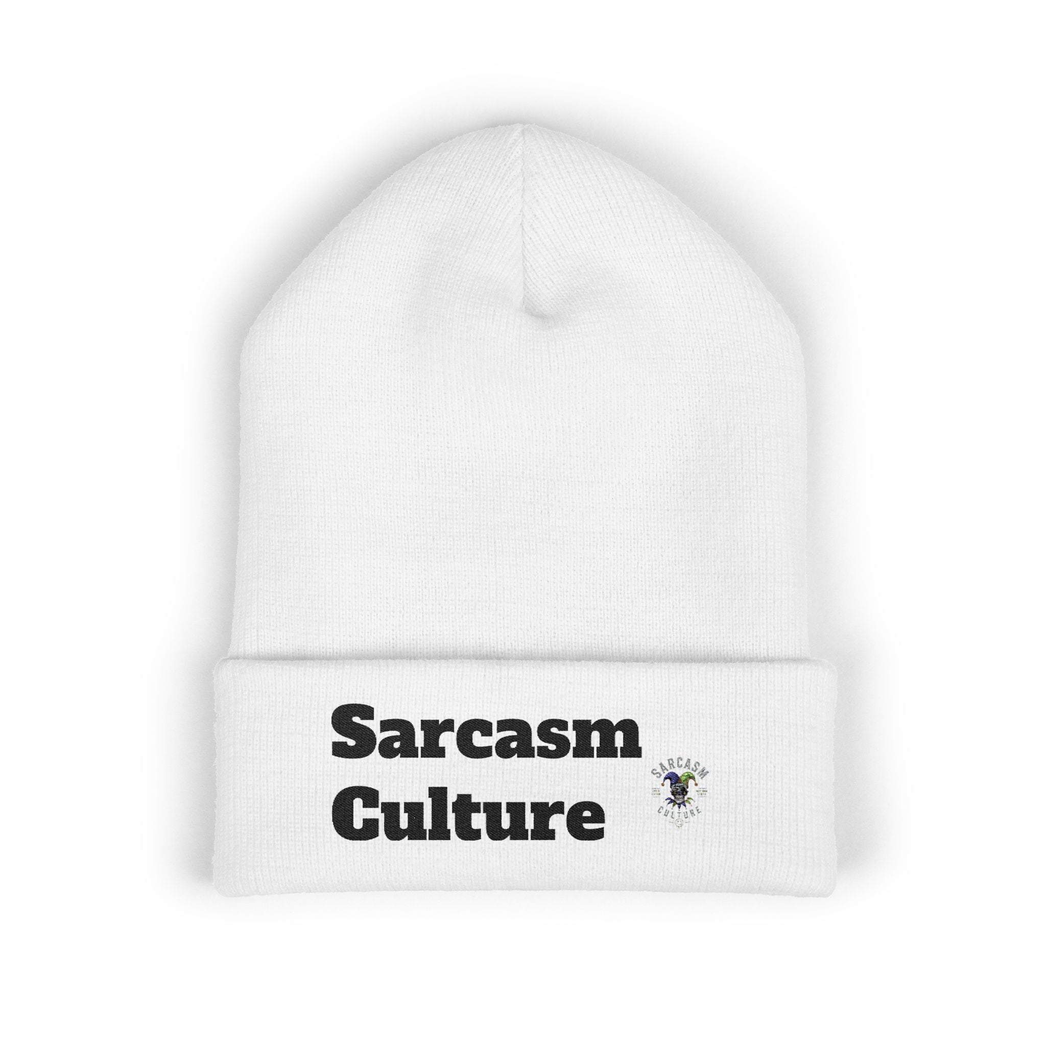Sarcasm Culture Embroidered Cuffed Beanie — Olive Knit Winter Hat