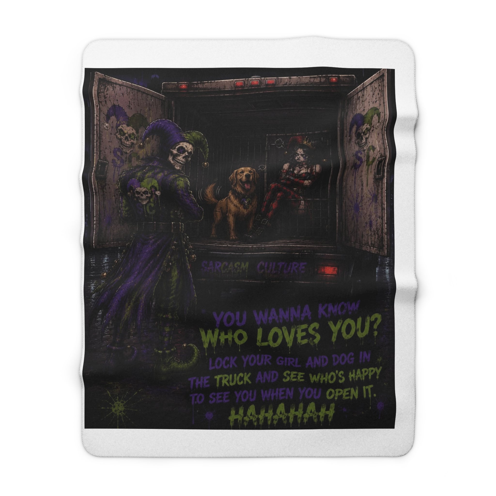 Creepy Clown 'Who Loves You?' Sherpa Blanket — Horror Truck Dog Quote