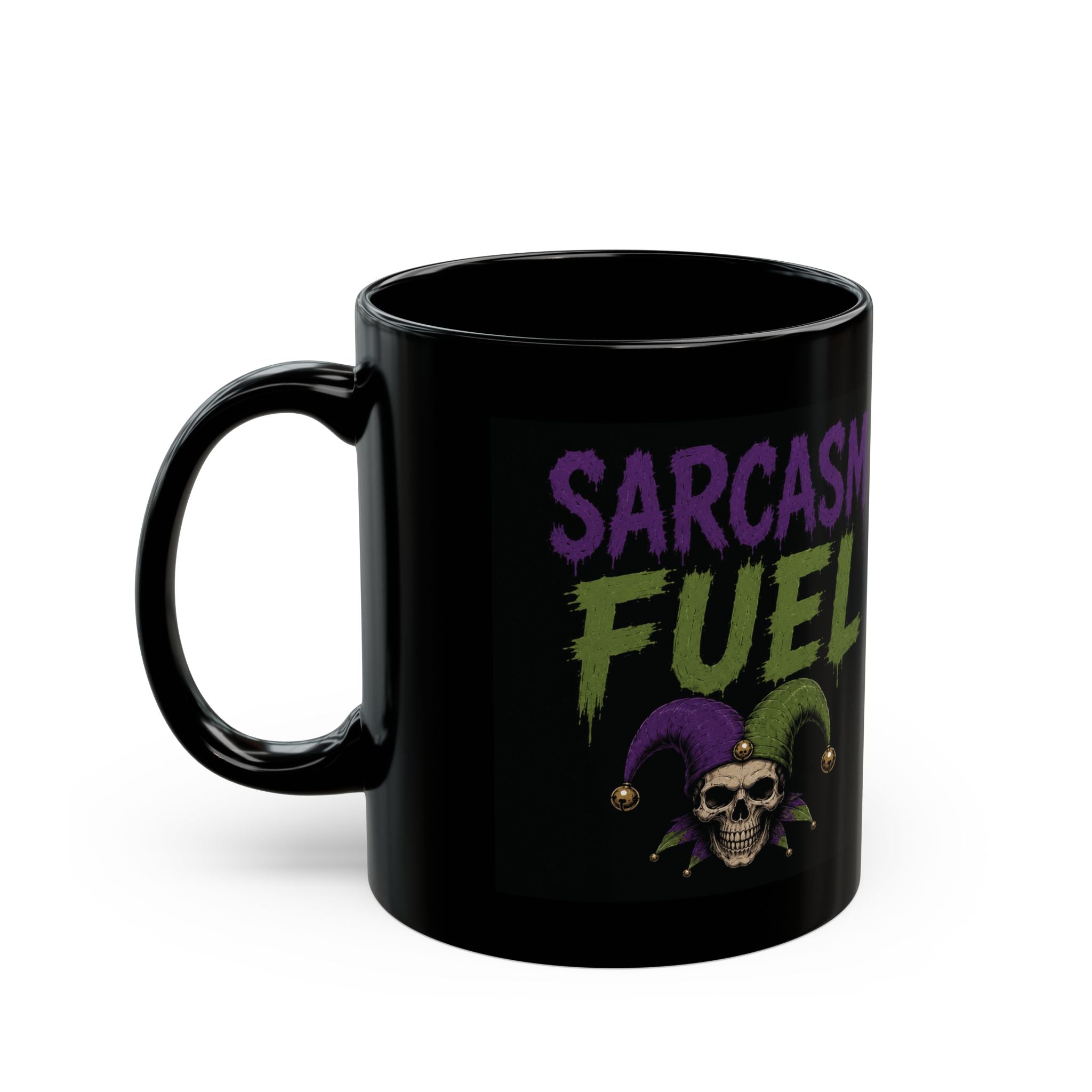 Sarcasm Fuel Black Mug — Funny Gothic Skull Coffee Cup (11oz/15oz)