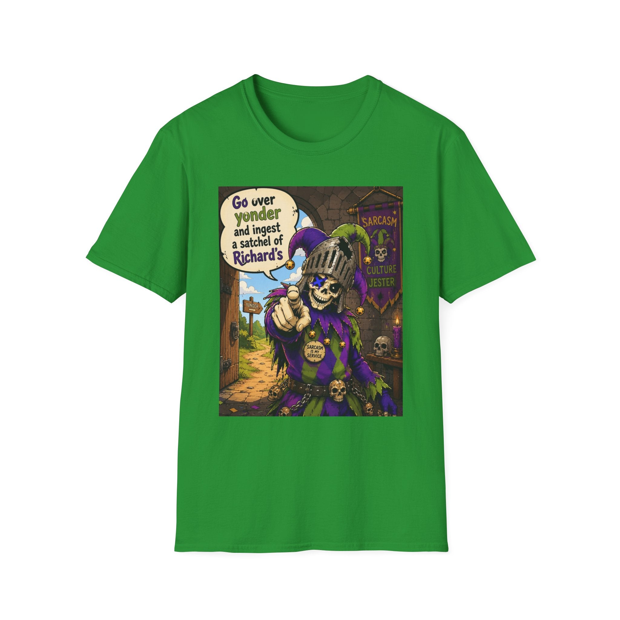 Funny Medieval Skeleton T‑Shirt – 'Go over yonder and ingest a satchel of Richard's' Graphic Tee