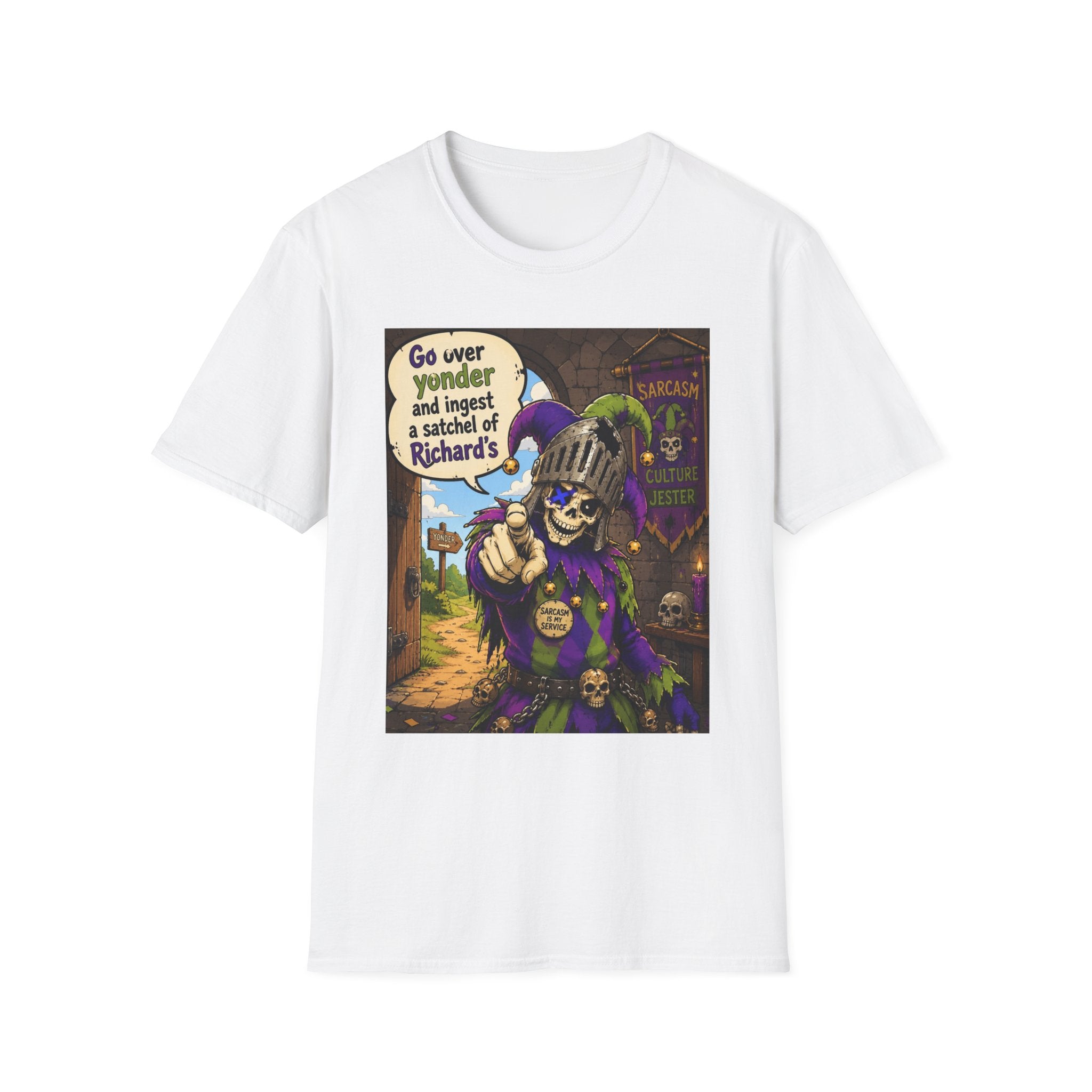 Funny Medieval Skeleton T‑Shirt – 'Go over yonder and ingest a satchel of Richard's' Graphic Tee
