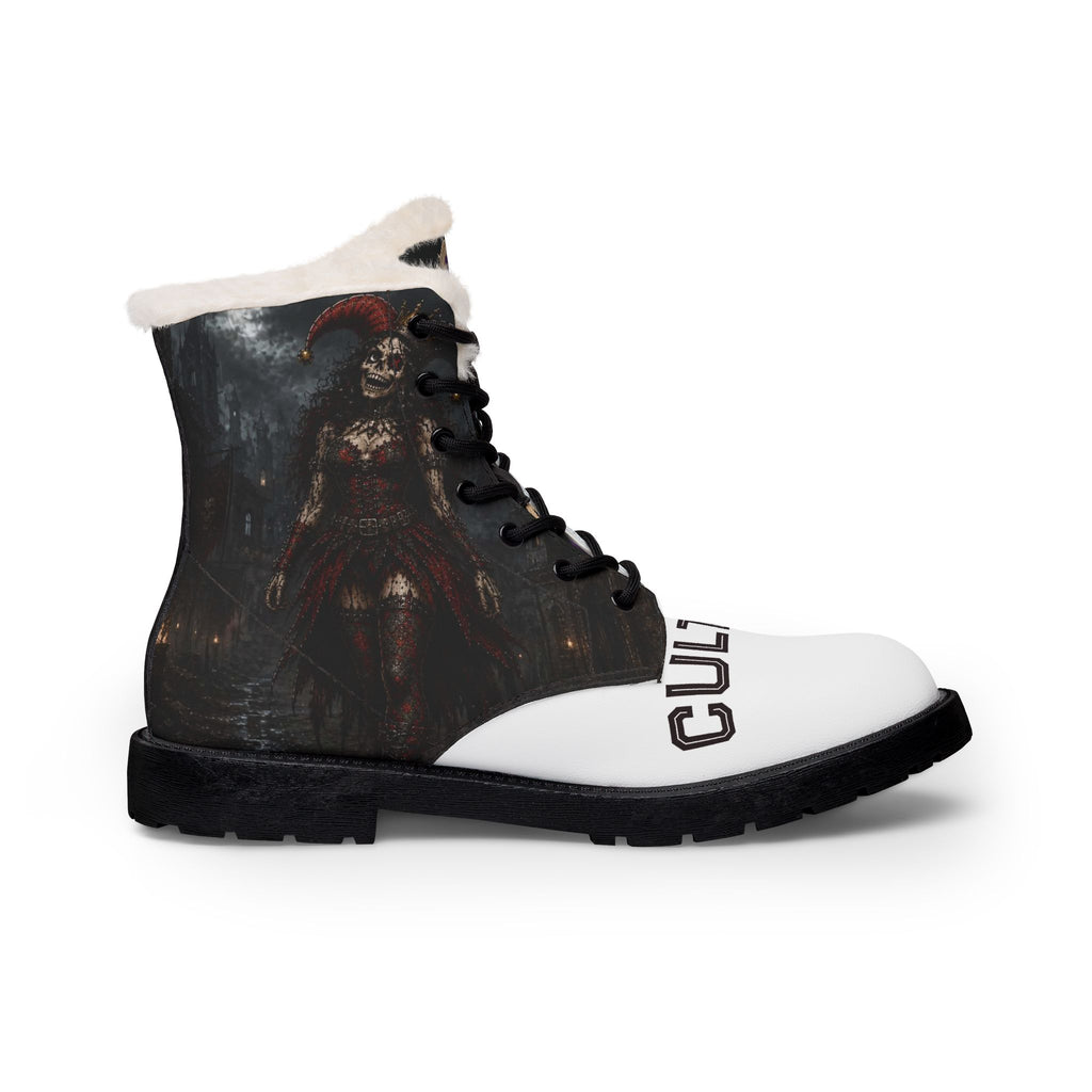 Women's Fur-Lined Leather Boots — Gothic Skeleton Clown Design