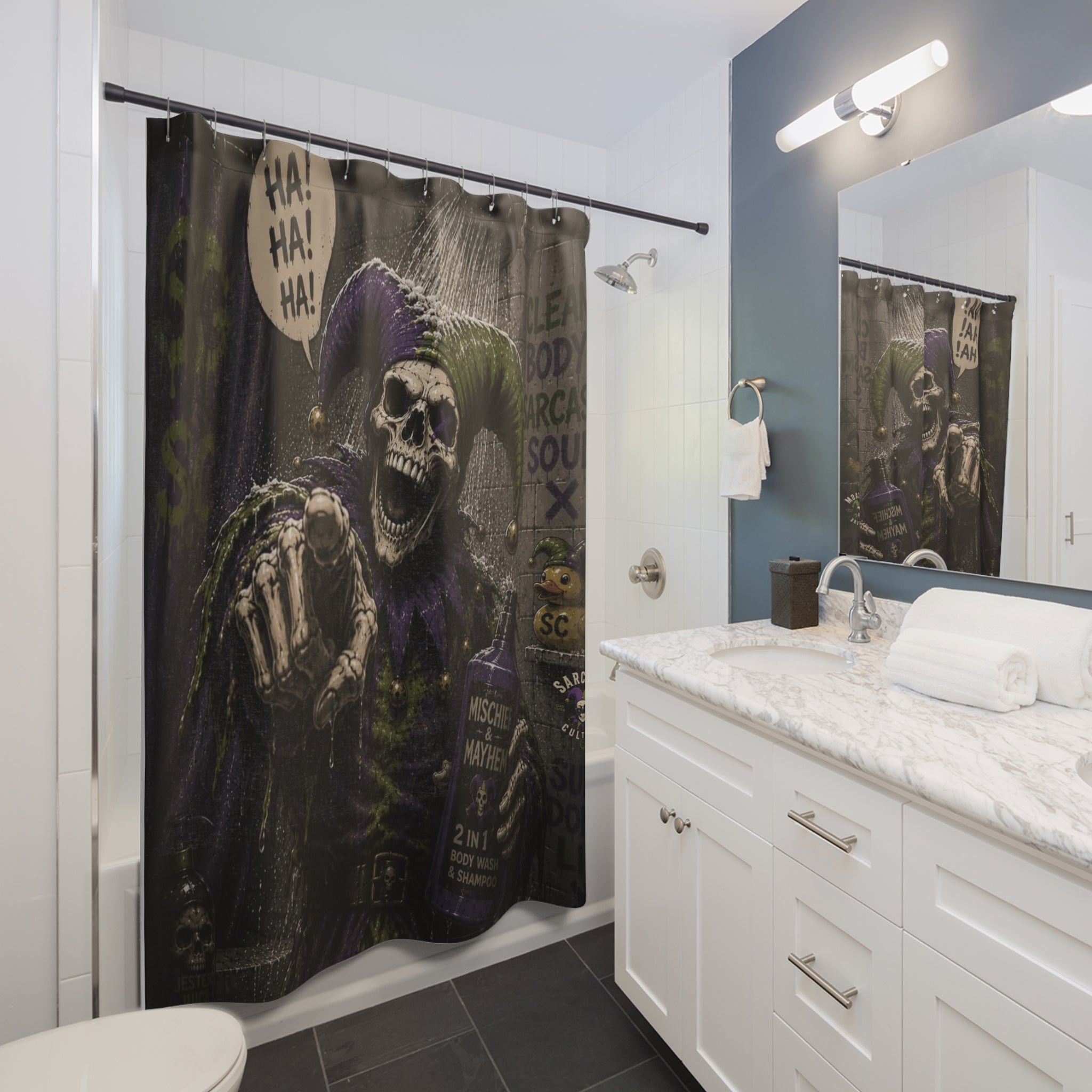 Dark Jester Skull Shower Curtain — 'Ha! Ha! Ha!' Gothic Bathroom Decor