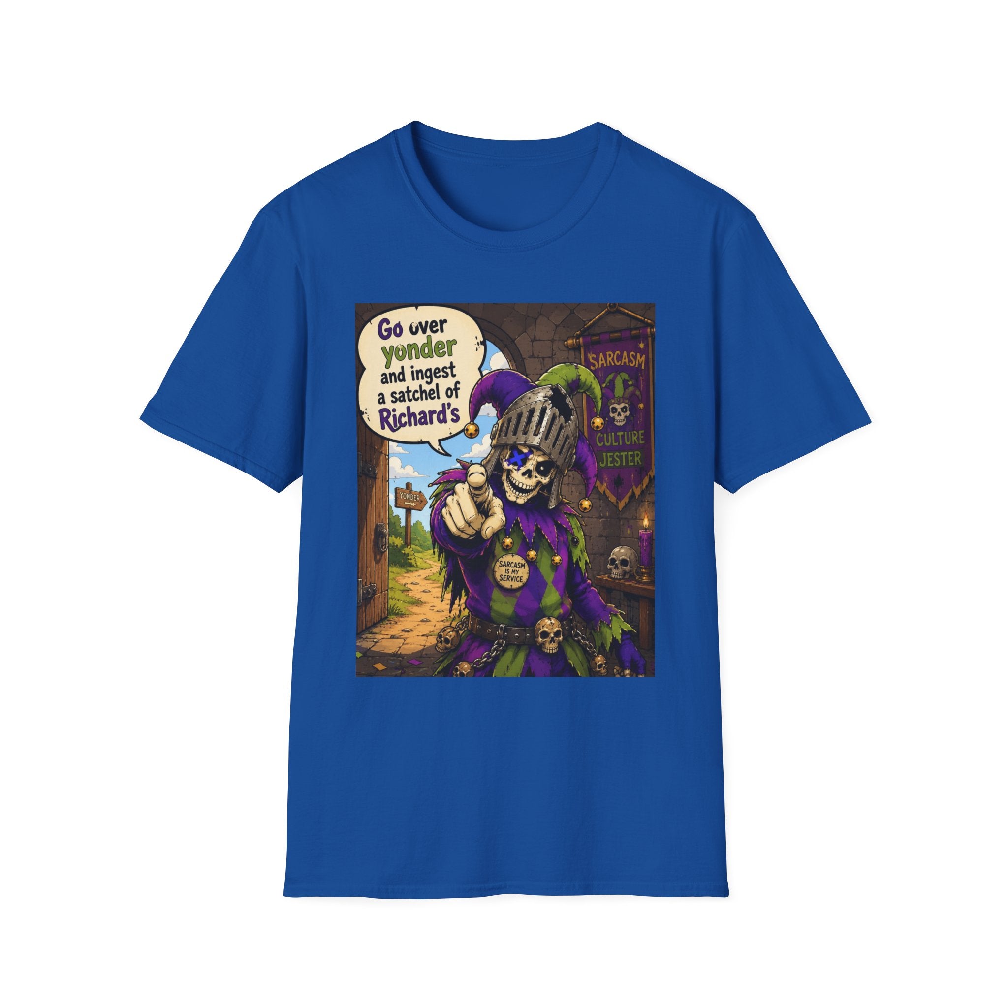 Funny Medieval Skeleton T‑Shirt – 'Go over yonder and ingest a satchel of Richard's' Graphic Tee