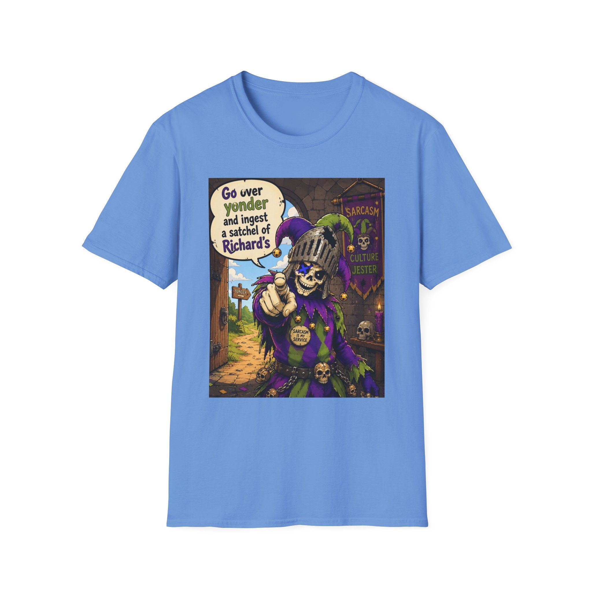 Funny Medieval Skeleton T‑Shirt – 'Go over yonder and ingest a satchel of Richard's' Graphic Tee