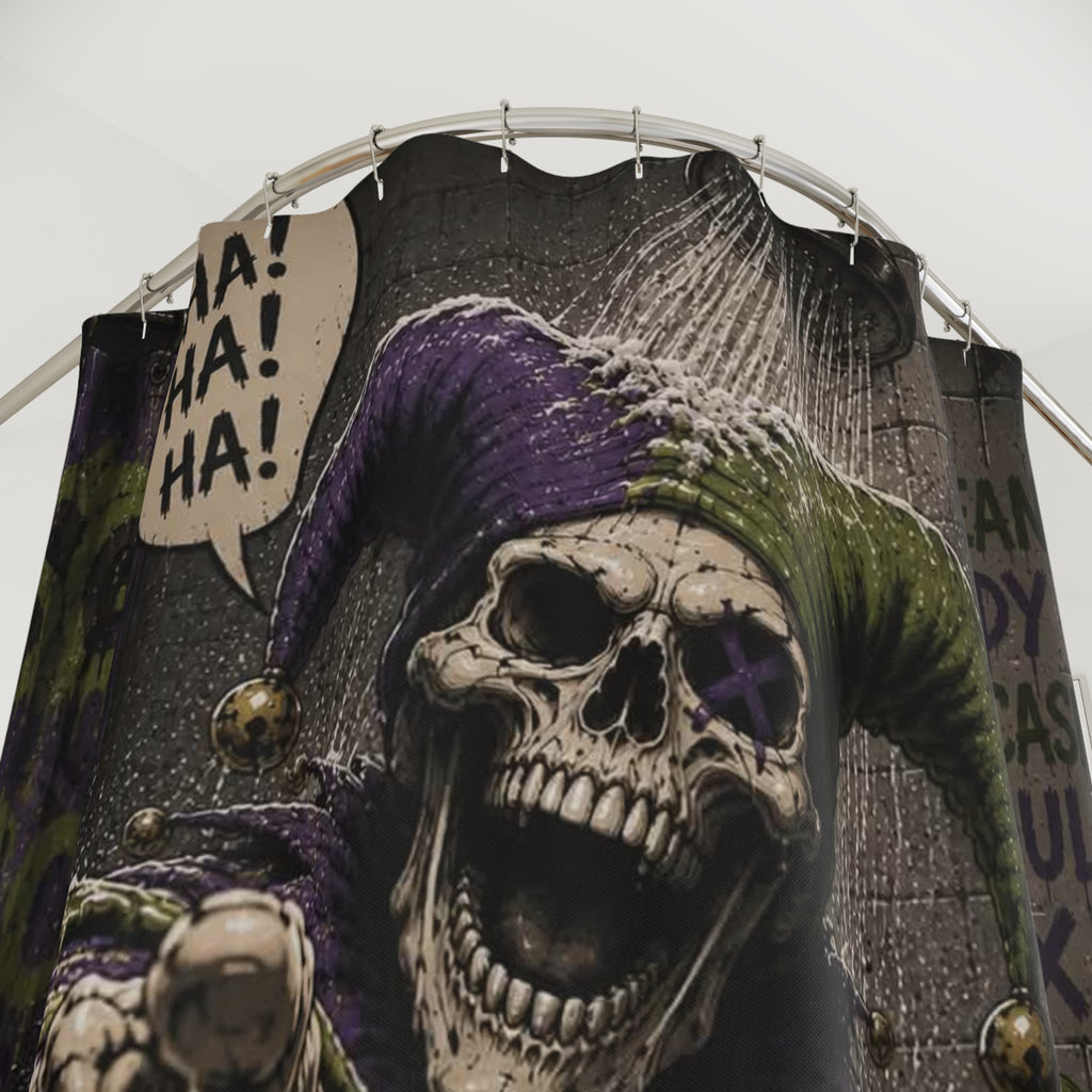 Dark Jester Skull Shower Curtain — 'Ha! Ha! Ha!' Gothic Bathroom Decor