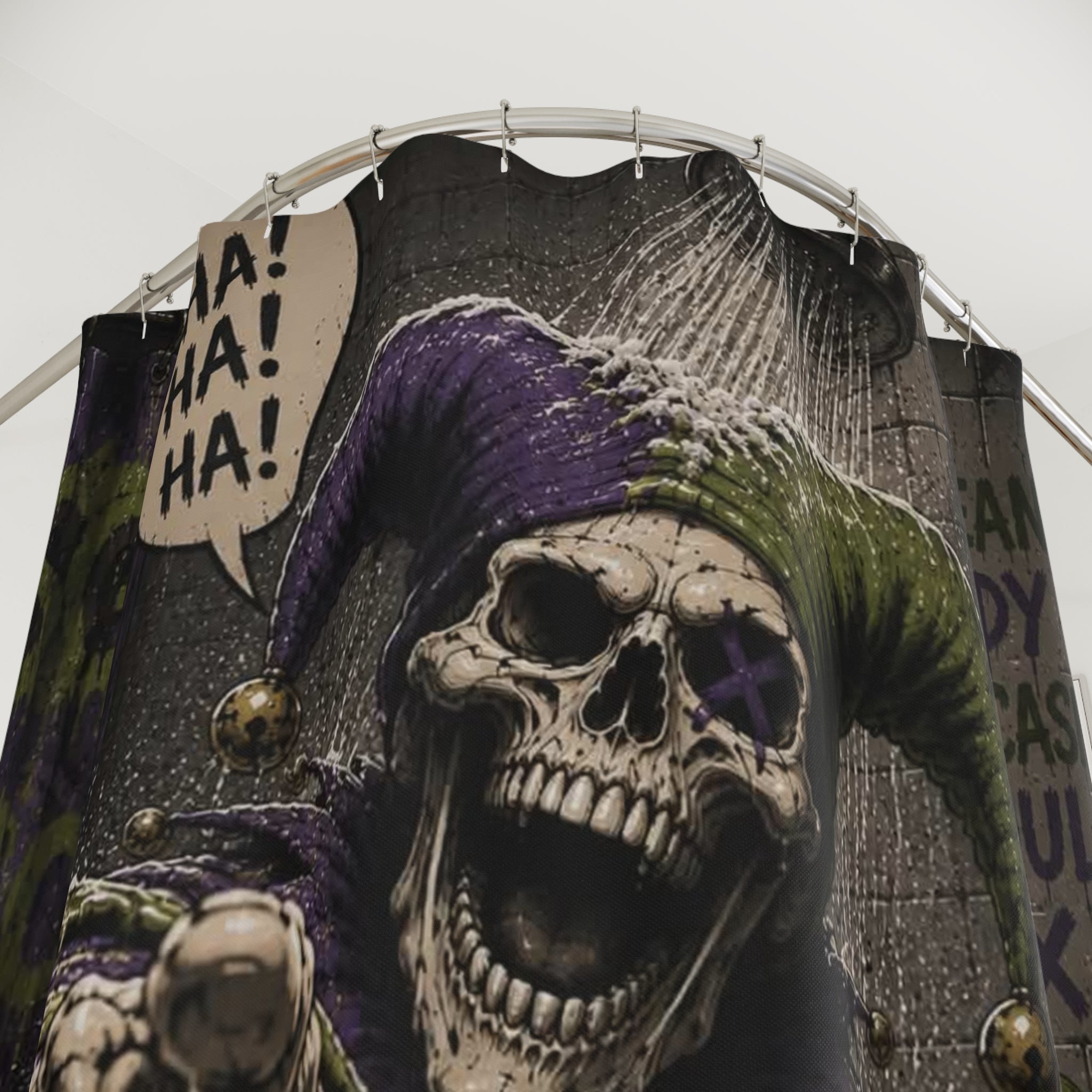 Dark Jester Skull Shower Curtain — 'Ha! Ha! Ha!' Gothic Bathroom Decor