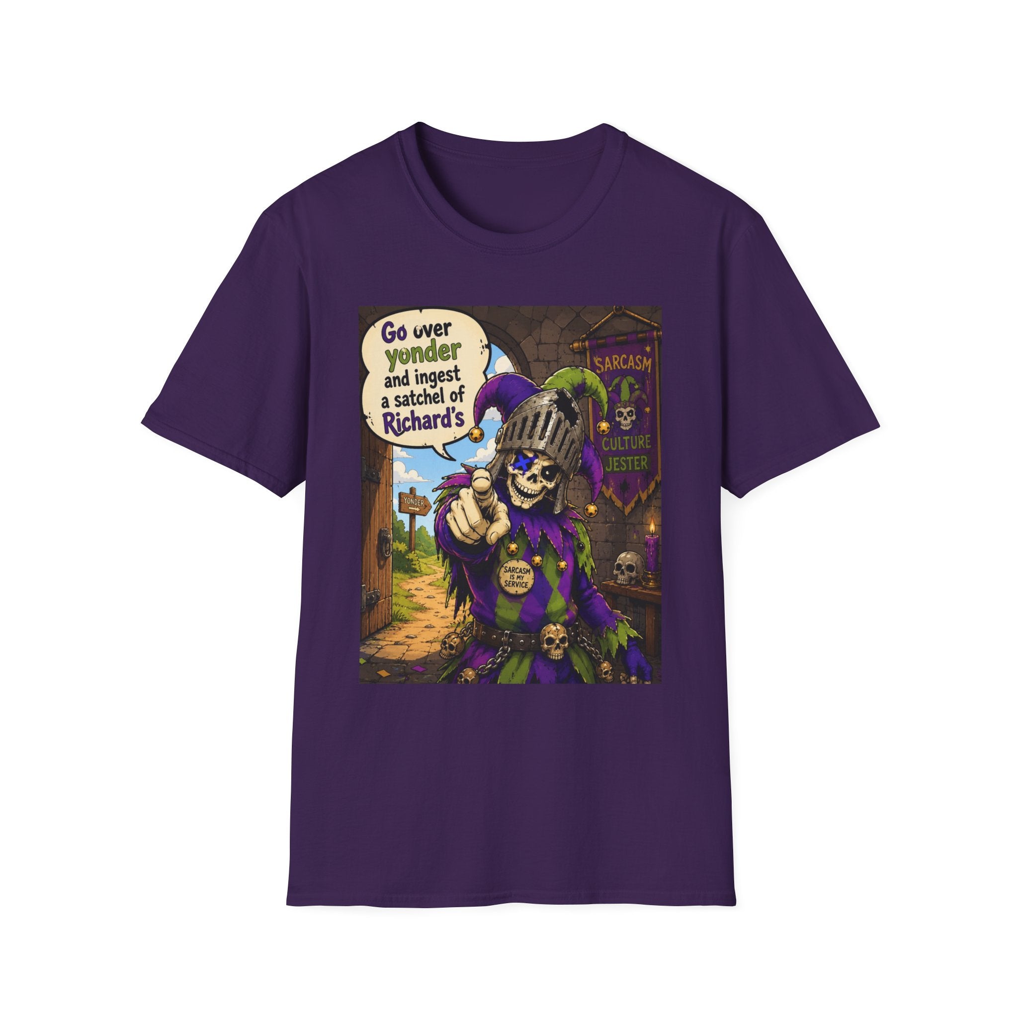 Funny Medieval Skeleton T‑Shirt – 'Go over yonder and ingest a satchel of Richard's' Graphic Tee