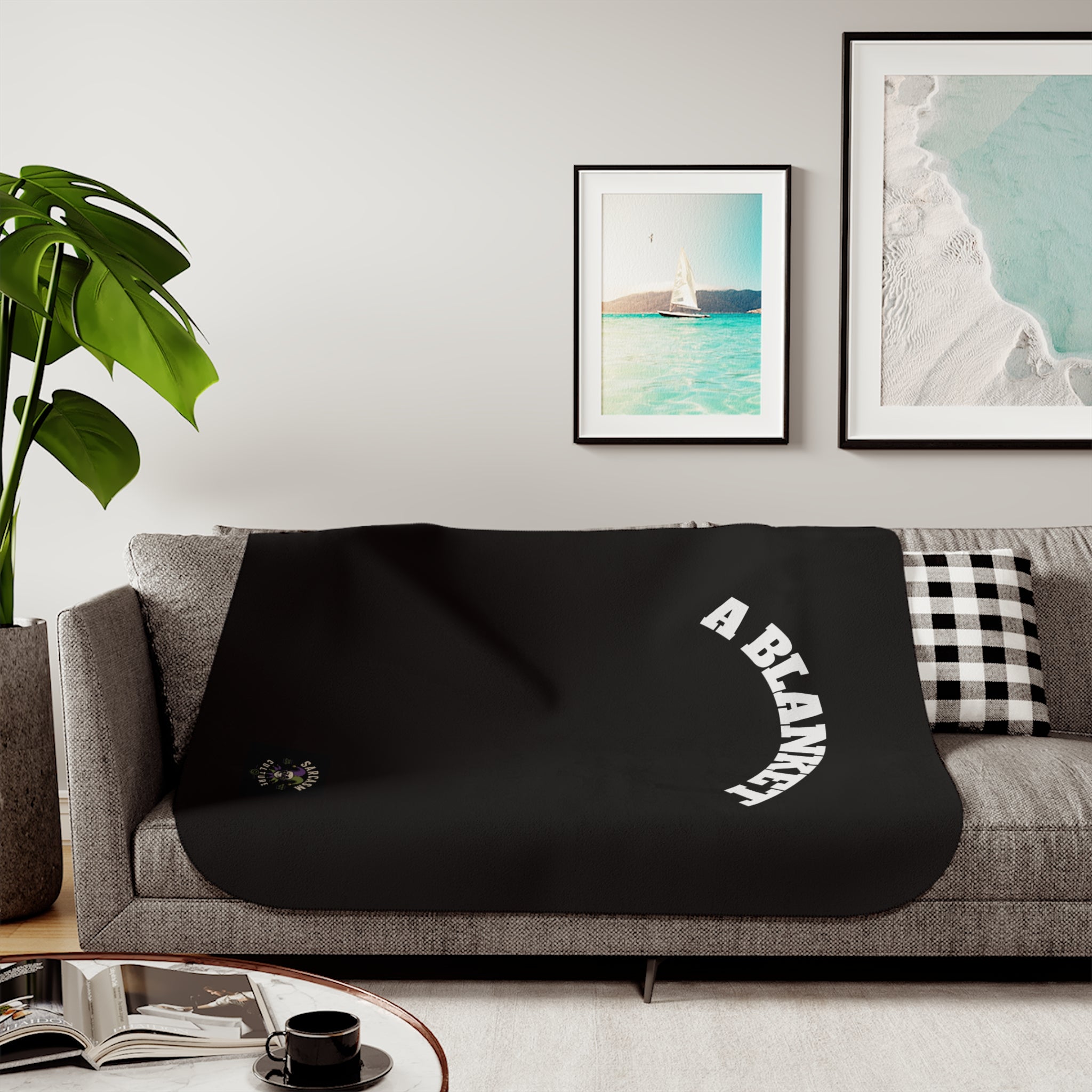 Sherpa Blanket — Cozy Black Throw with “A BLANKET” Arch Text