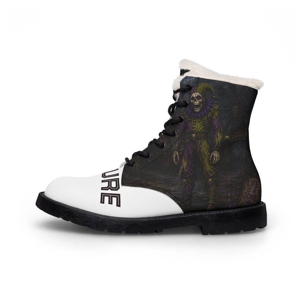 Women's Fur-Lined Leather Boots — Gothic Skeleton Clown Design
