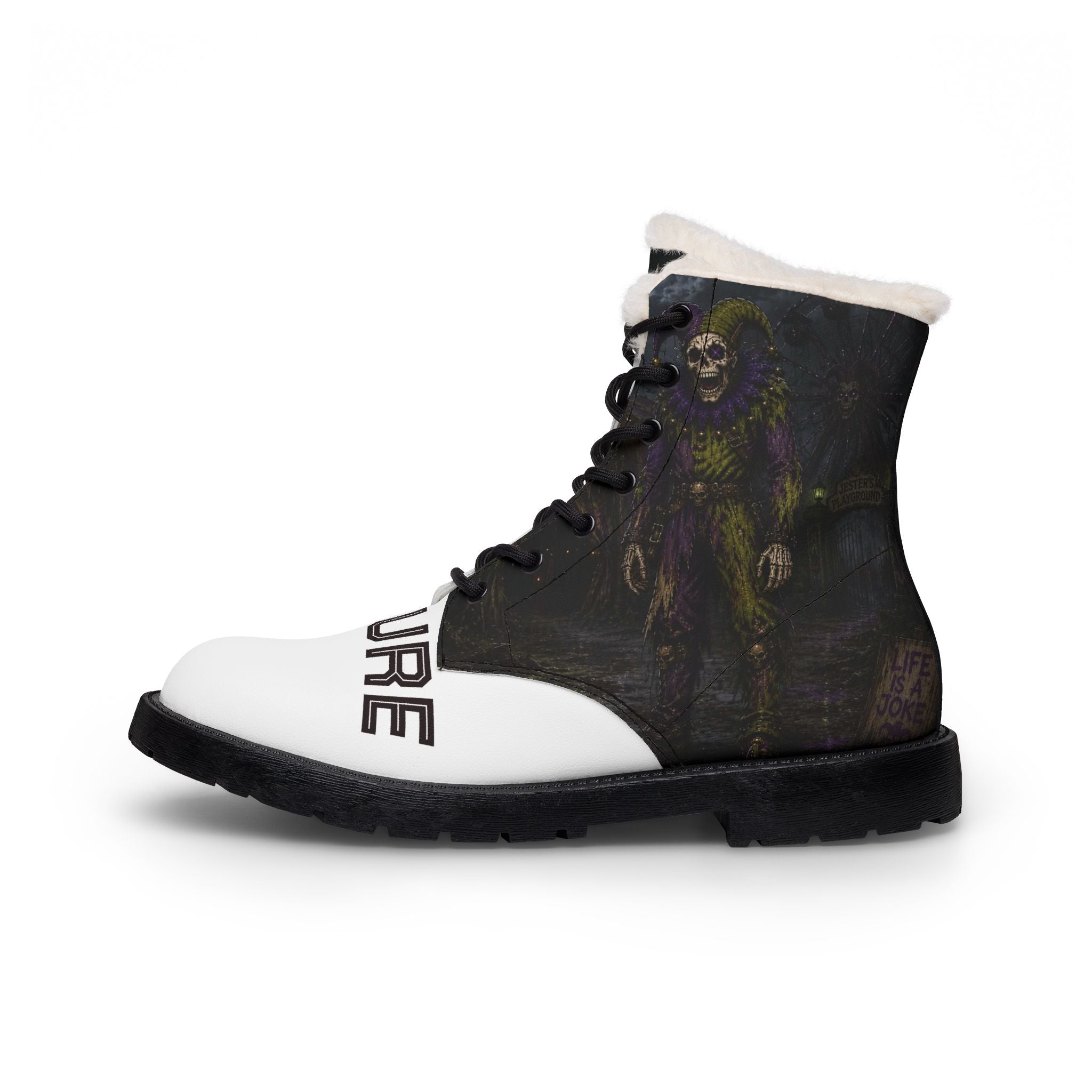Women's Fur-Lined Leather Boots — Gothic Skeleton Clown Design