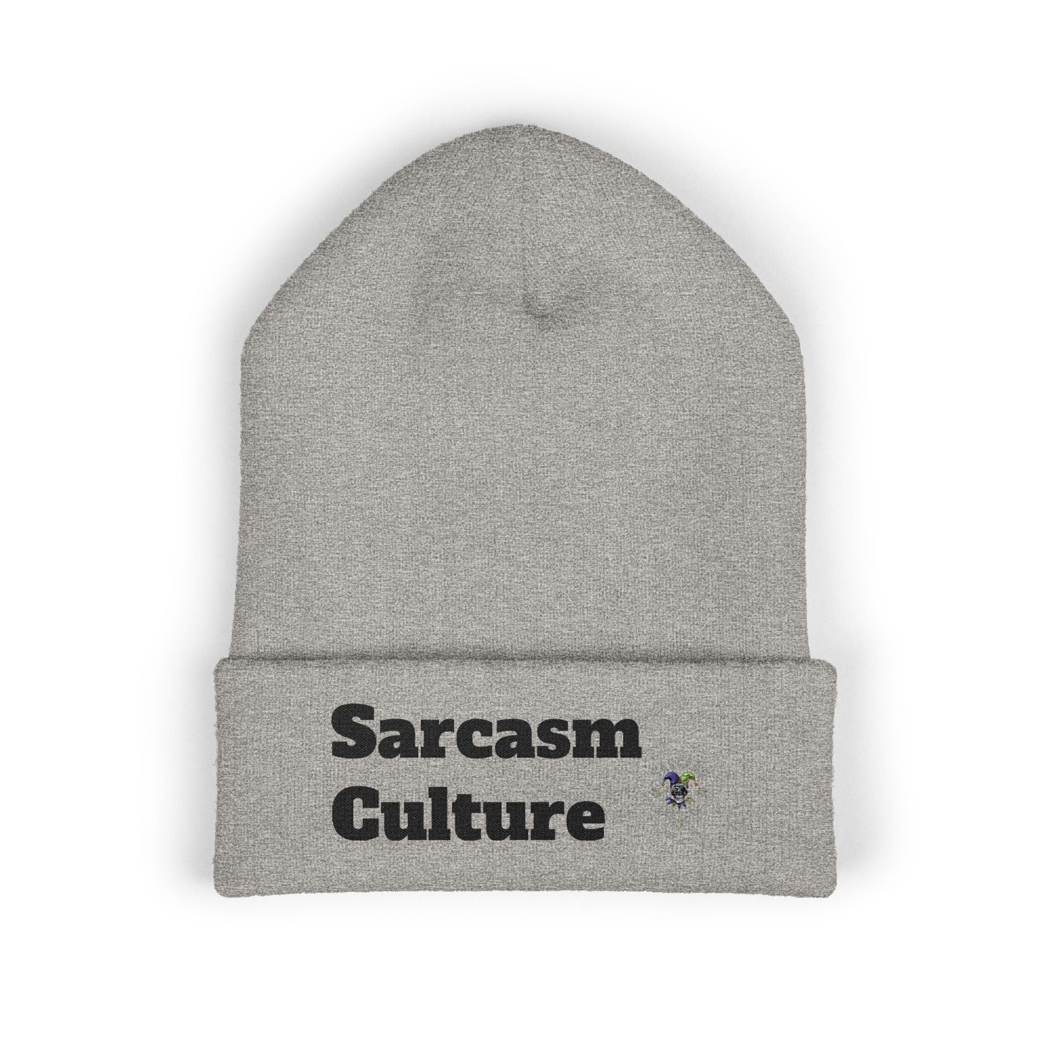 Sarcasm Culture Embroidered Cuffed Beanie — Olive Knit Winter Hat