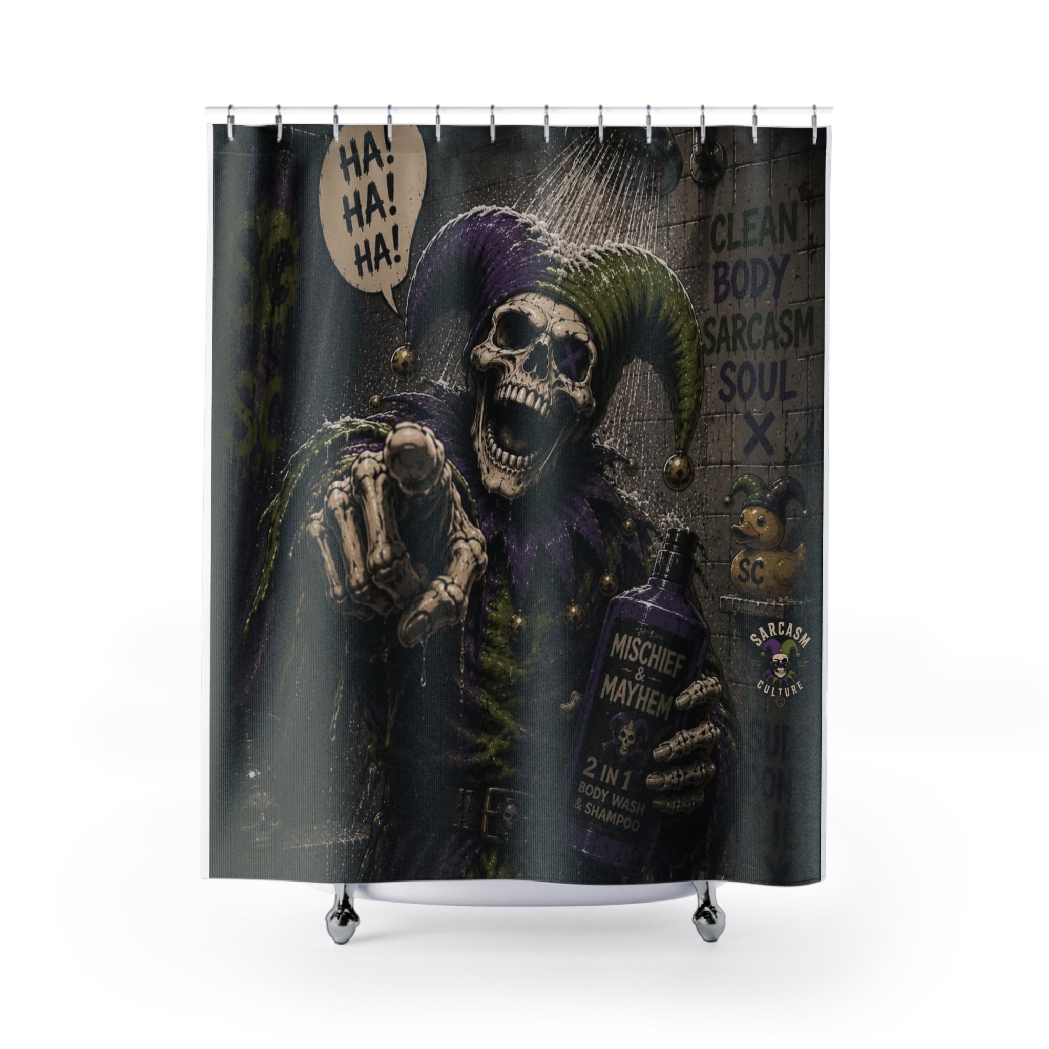 Dark Jester Skull Shower Curtain — 'Ha! Ha! Ha!' Gothic Bathroom Decor