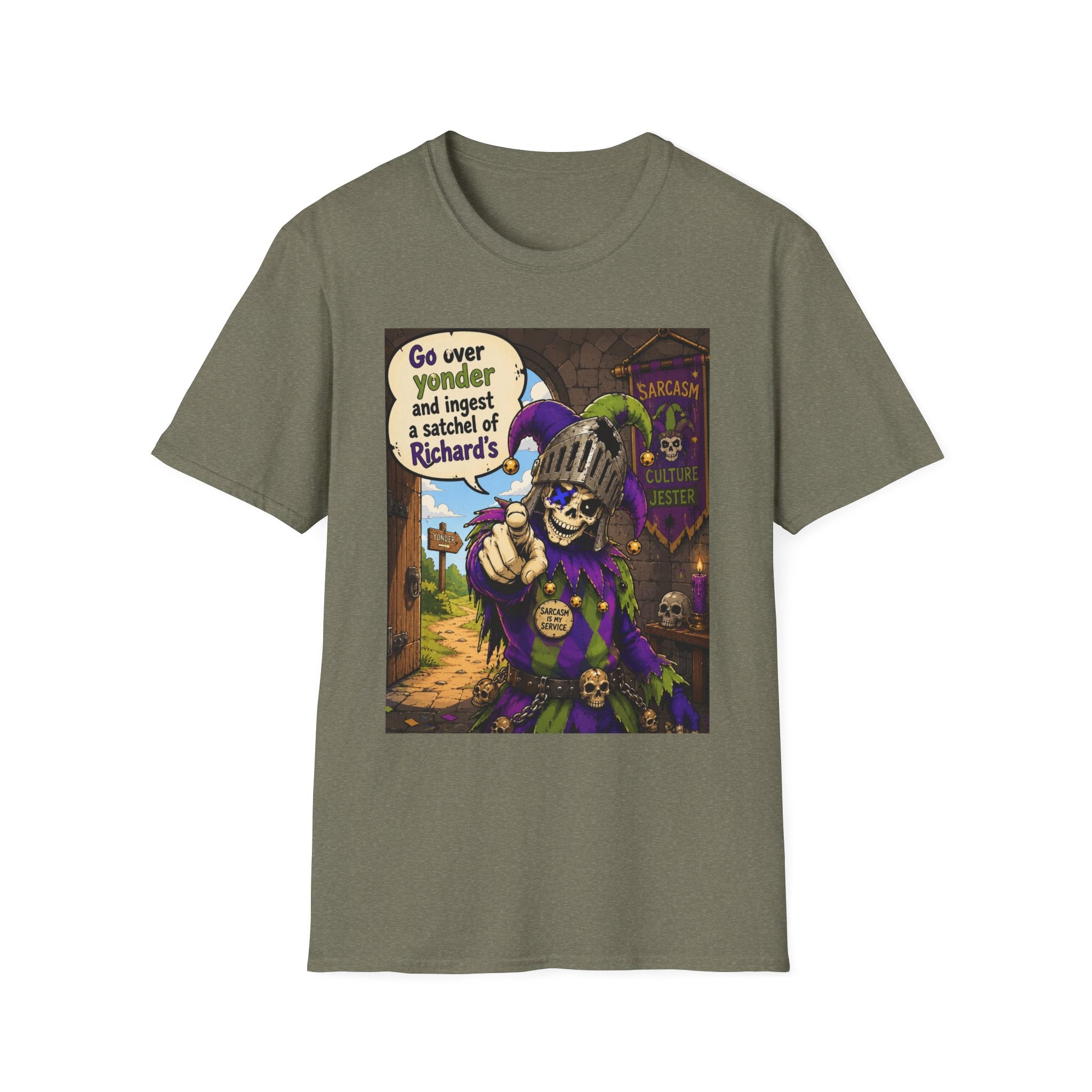 Funny Medieval Skeleton T‑Shirt – 'Go over yonder and ingest a satchel of Richard's' Graphic Tee