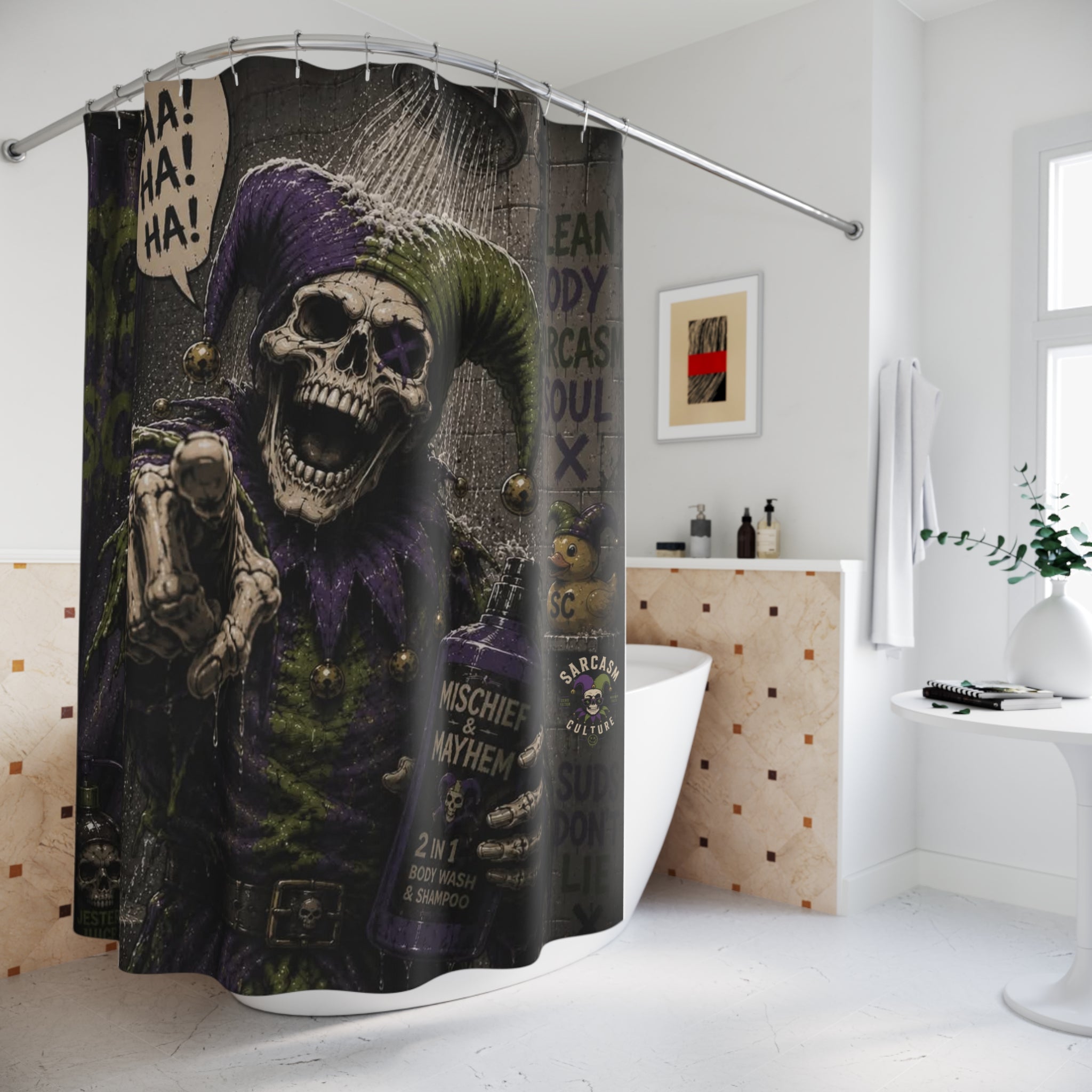 Dark Jester Skull Shower Curtain — 'Ha! Ha! Ha!' Gothic Bathroom Decor