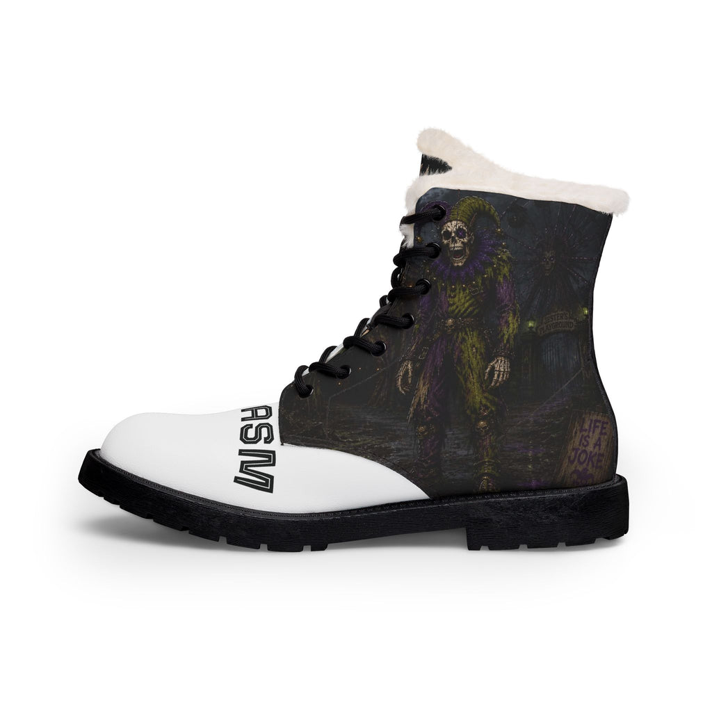 Women's Fur-Lined Leather Boots — Gothic Skeleton Clown Design