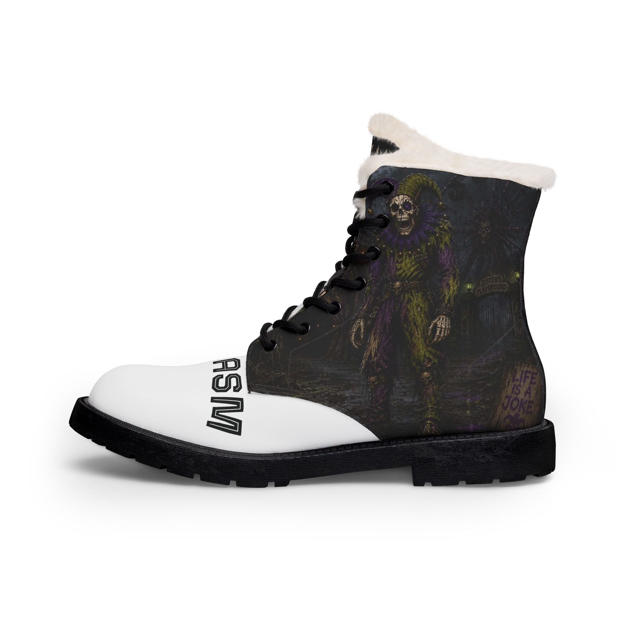 Women's Fur-Lined Leather Boots — Gothic Skeleton Clown Design