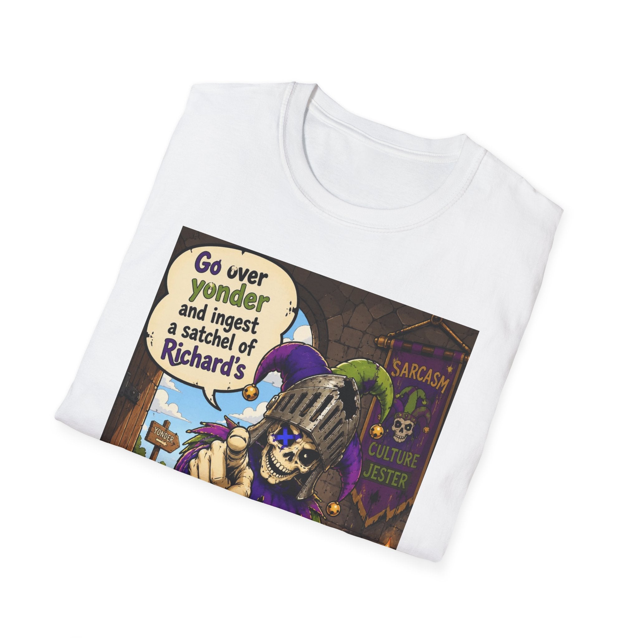 Funny Medieval Skeleton T‑Shirt – 'Go over yonder and ingest a satchel of Richard's' Graphic Tee