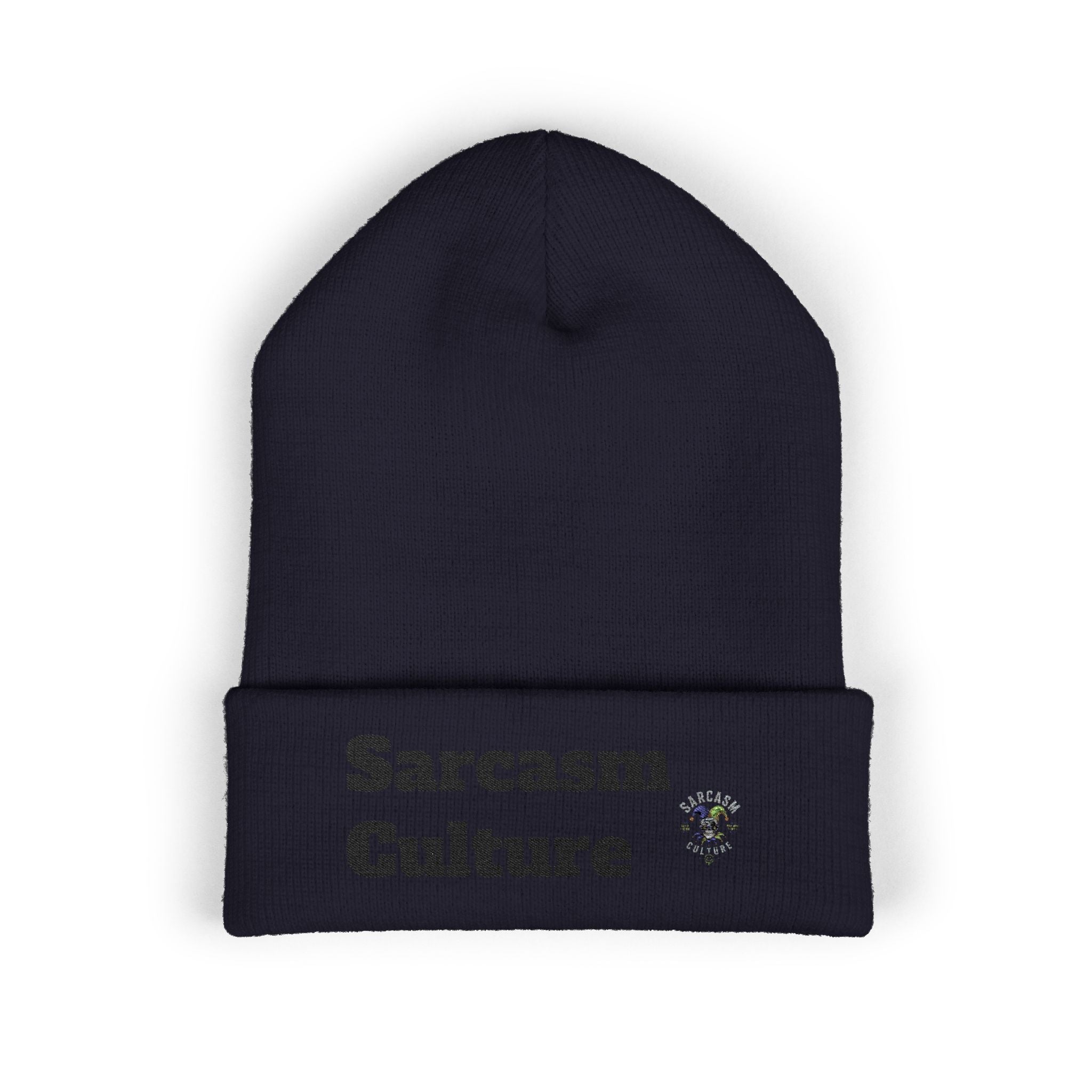 Sarcasm Culture Embroidered Cuffed Beanie — Olive Knit Winter Hat
