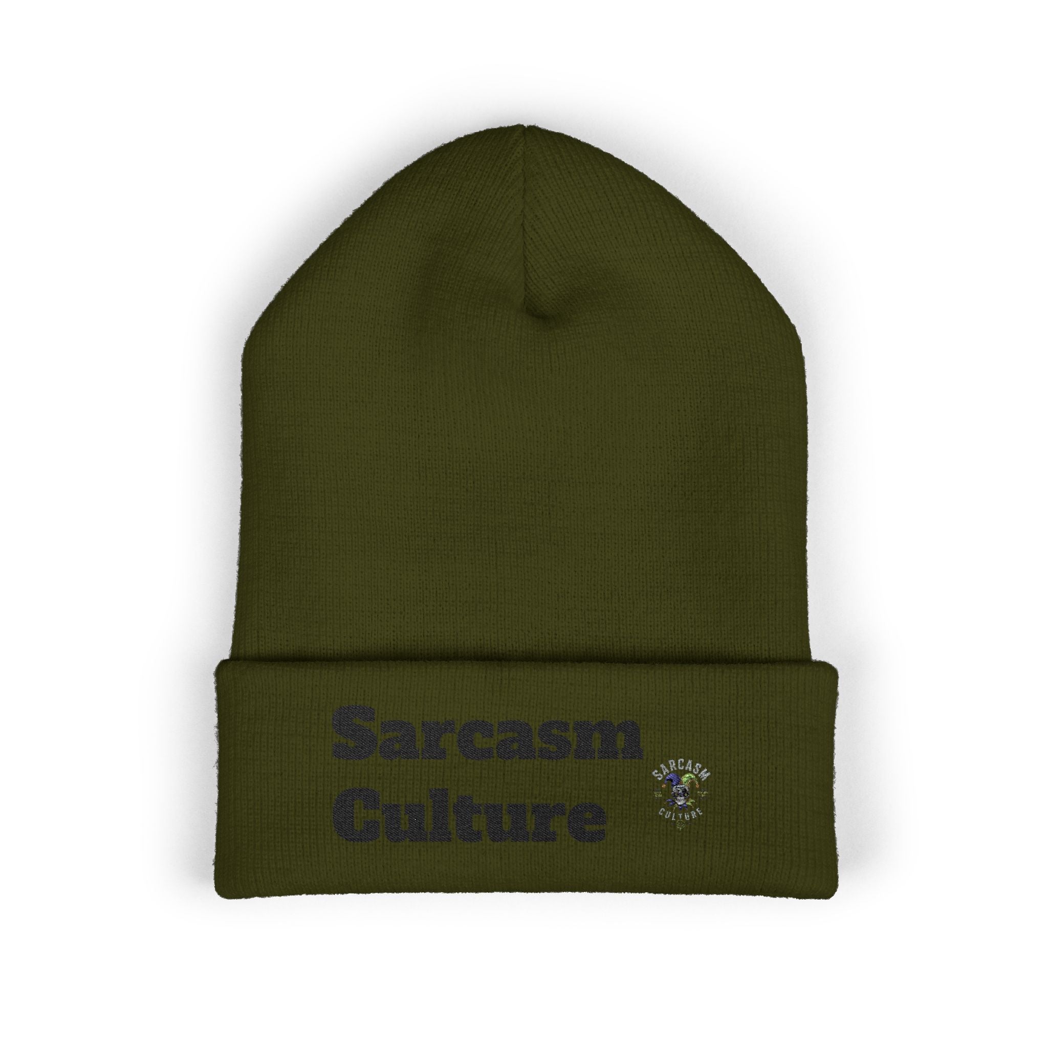 Sarcasm Culture Embroidered Cuffed Beanie — Olive Knit Winter Hat