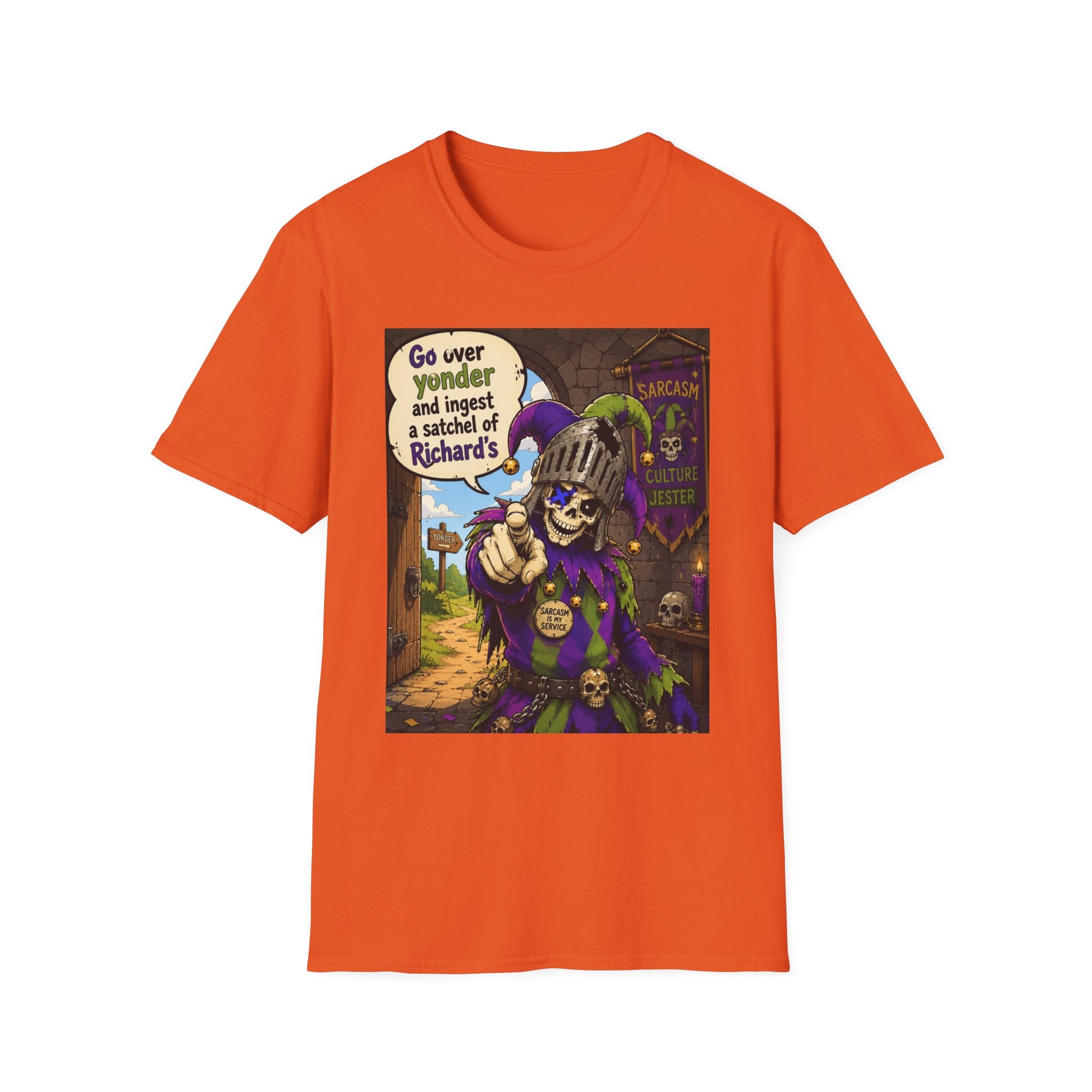 Funny Medieval Skeleton T‑Shirt – 'Go over yonder and ingest a satchel of Richard's' Graphic Tee