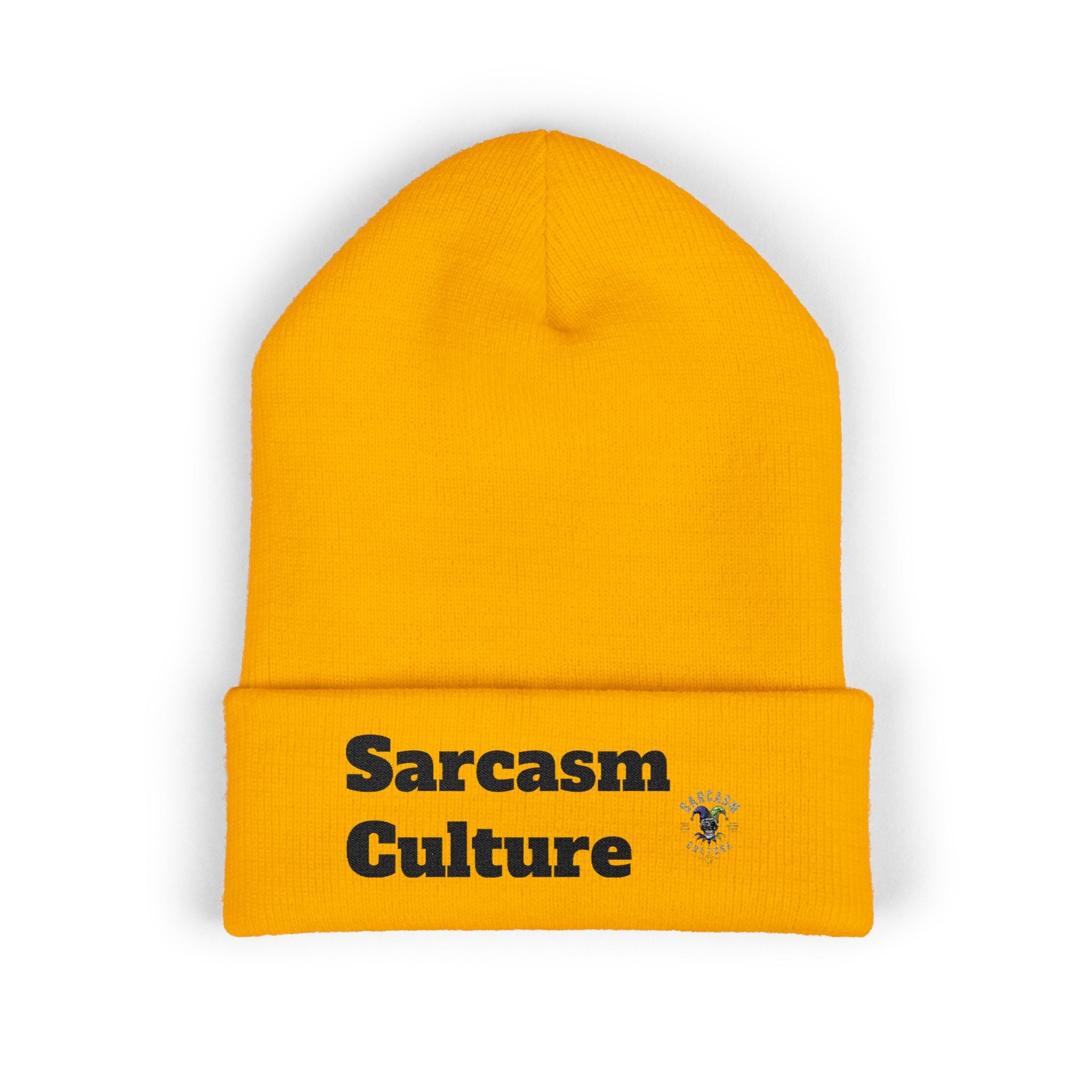 Sarcasm Culture Embroidered Cuffed Beanie — Olive Knit Winter Hat
