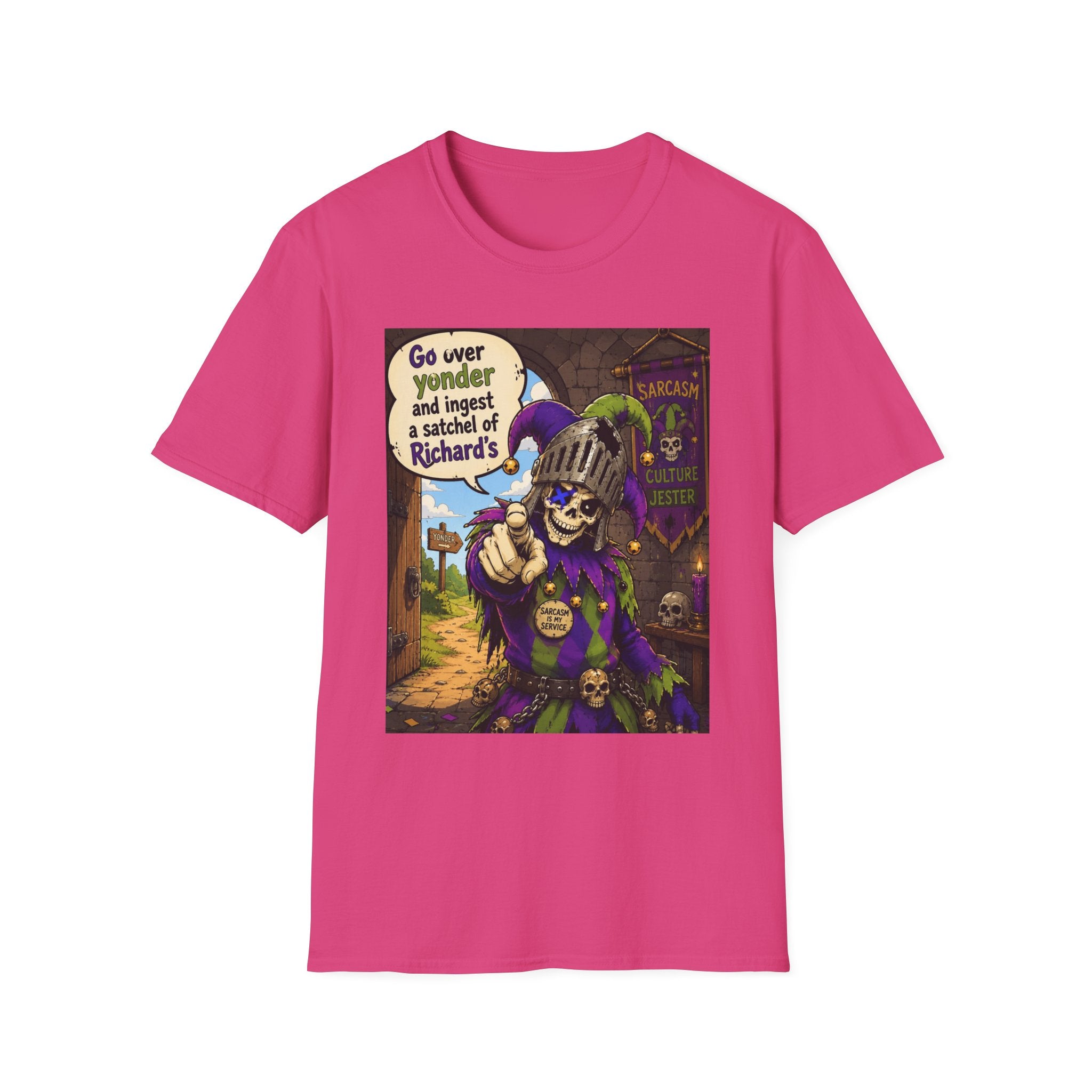 Funny Medieval Skeleton T‑Shirt – 'Go over yonder and ingest a satchel of Richard's' Graphic Tee