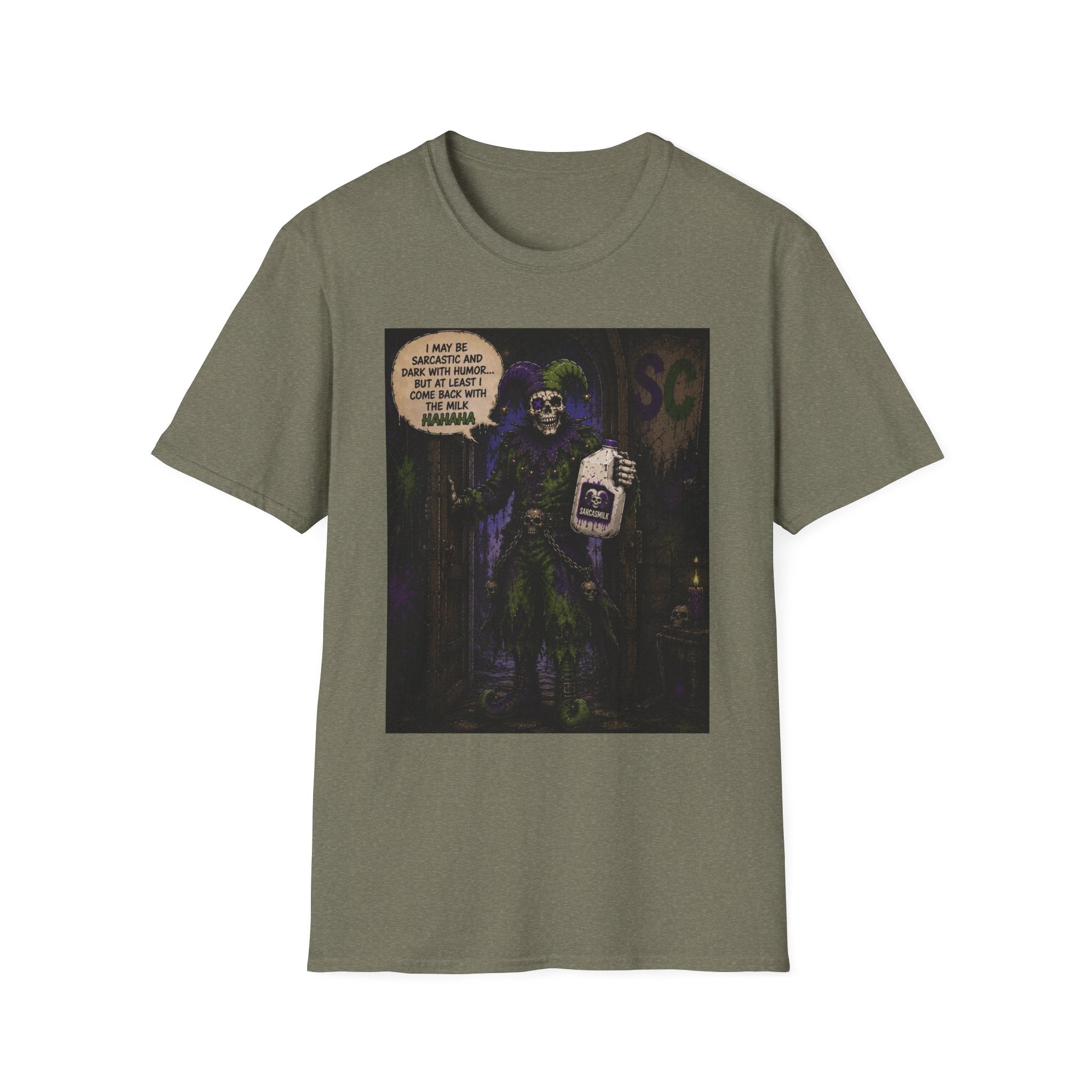 Skeleton with Milk Jug Graphic T-Shirt — 'I Love It When My Bones Pop' Goth Halloween Tee