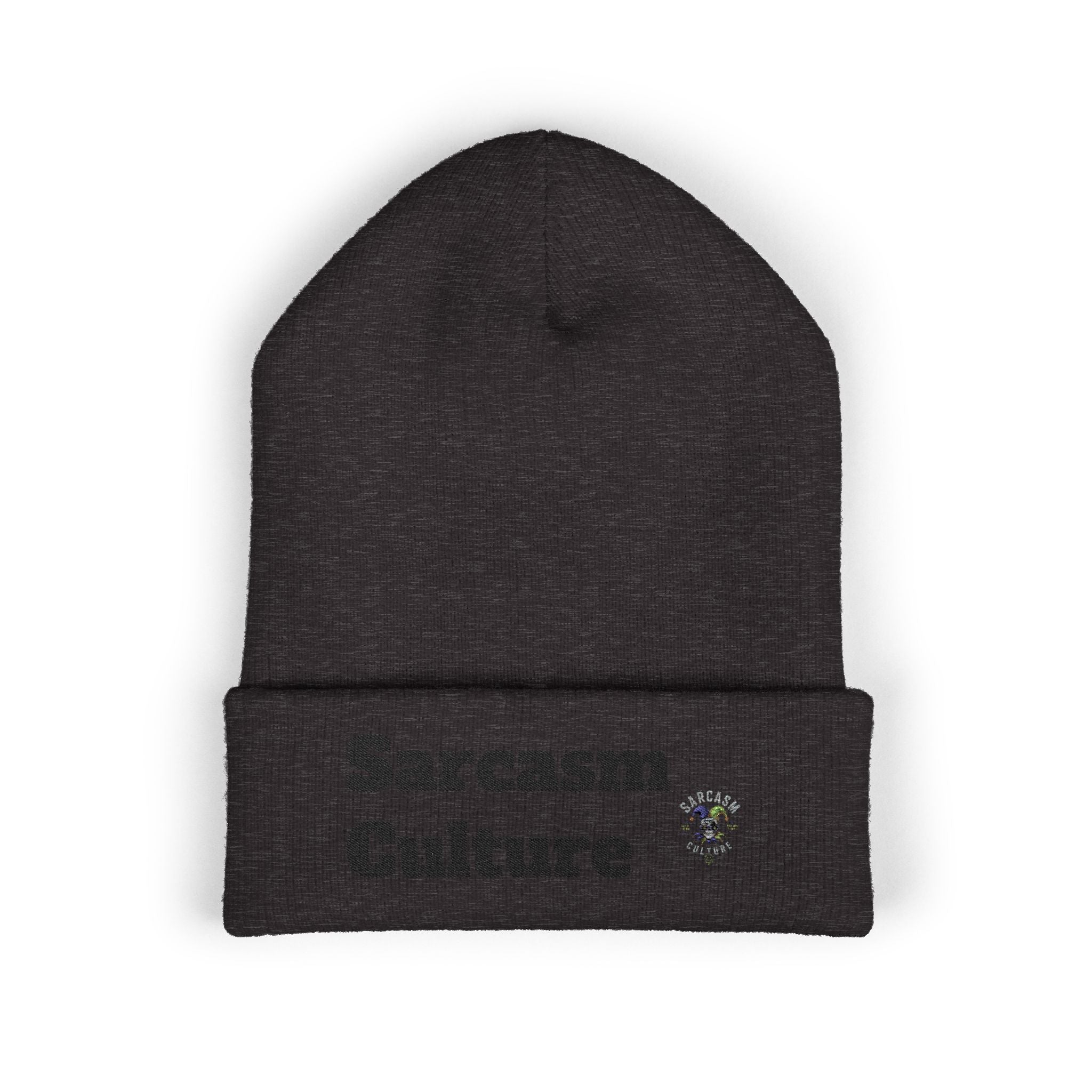 Sarcasm Culture Embroidered Cuffed Beanie — Olive Knit Winter Hat