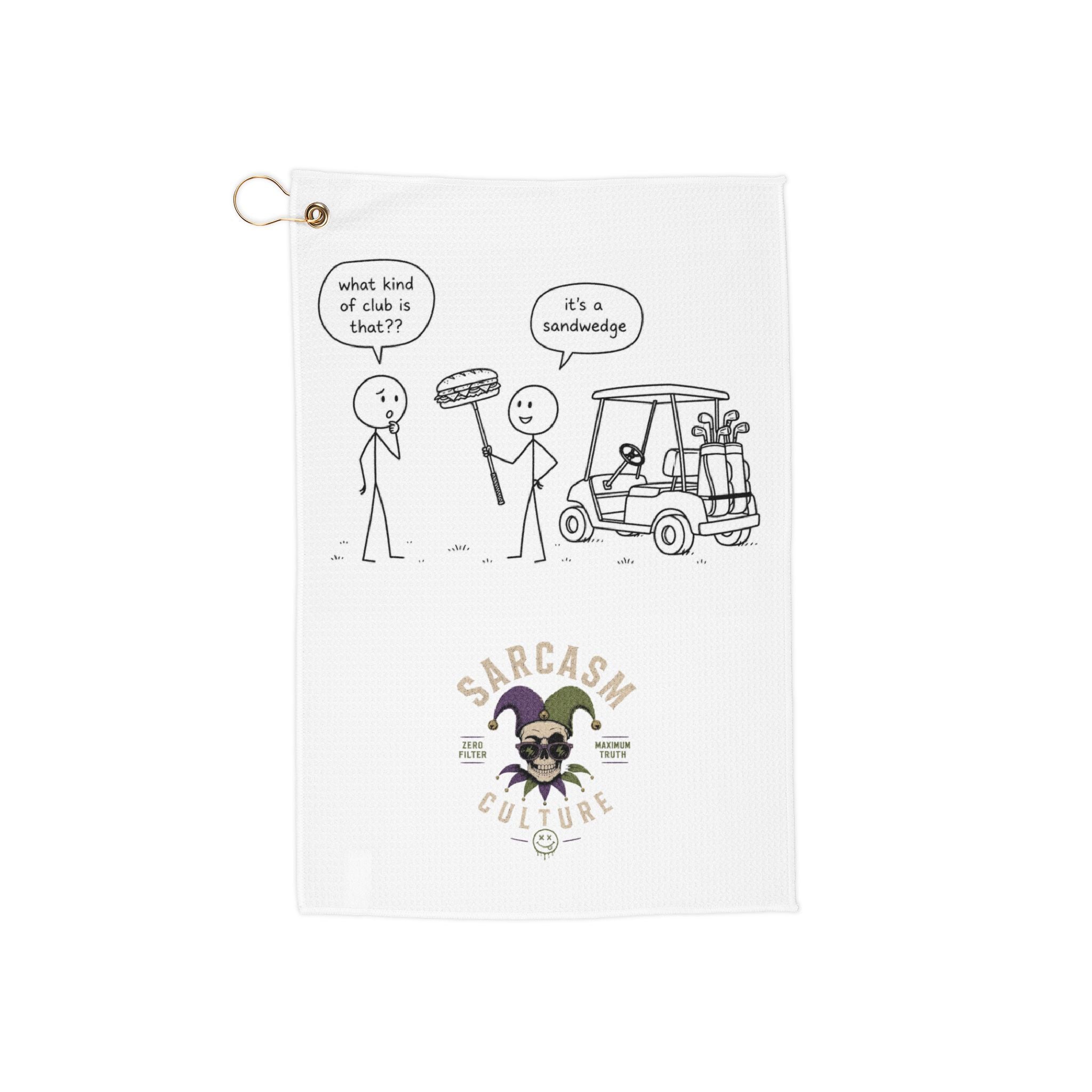 Sarcastic Golfer Cartoon Golf Towel — Funny "What Kind of Club Is That?" Design