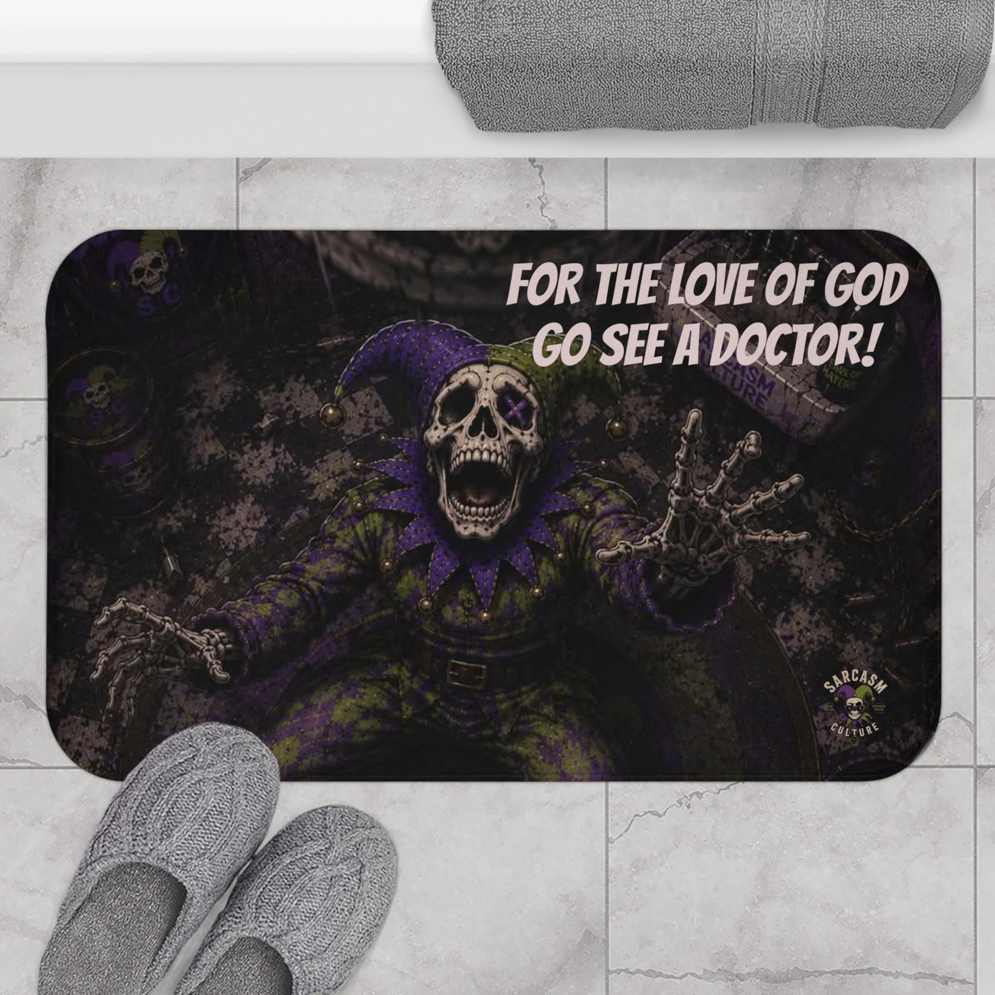 Gothic Skull Jester Bath Mat — "For the Love of God Go See a Doctor!"
