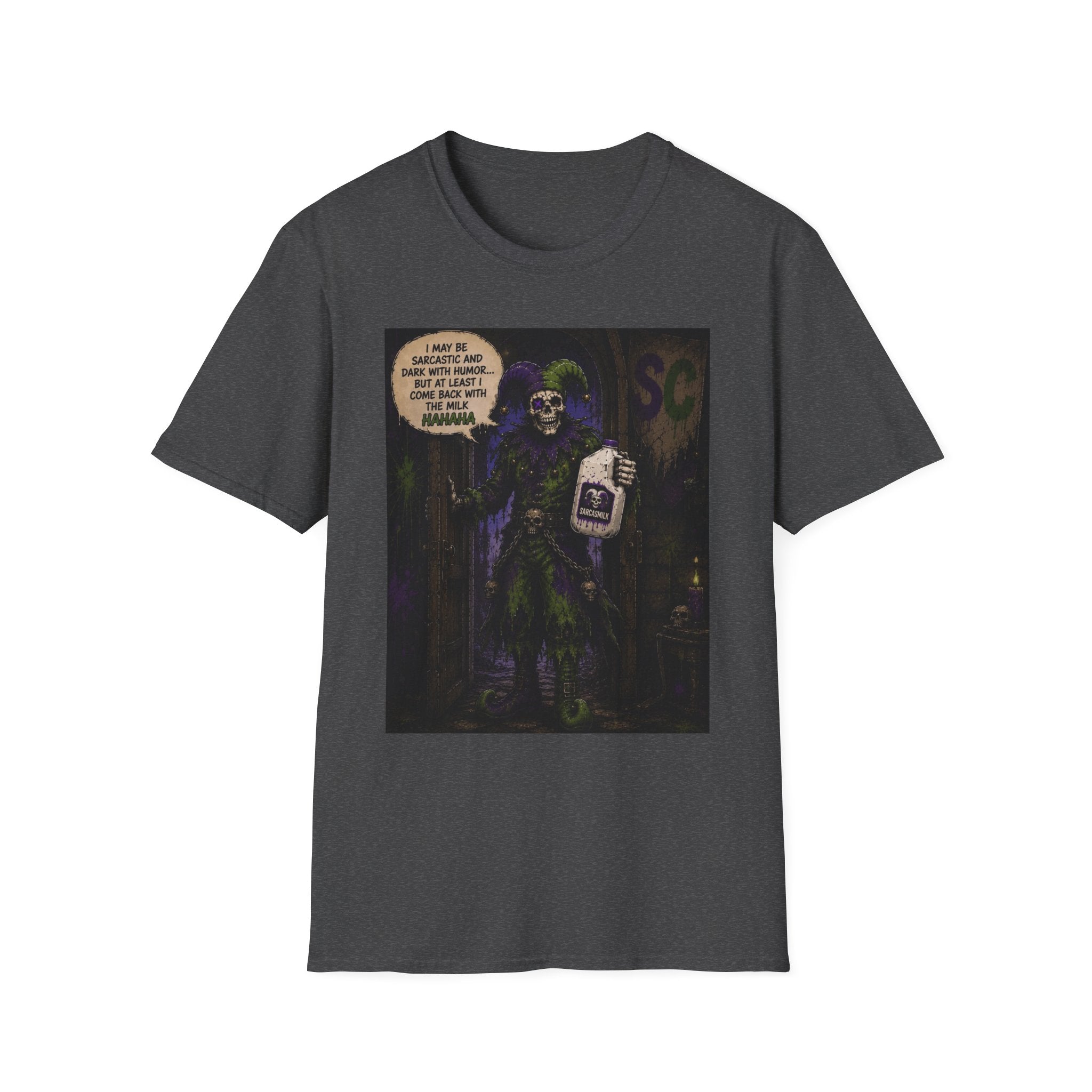 Skeleton with Milk Jug Graphic T-Shirt — 'I Love It When My Bones Pop' Goth Halloween Tee