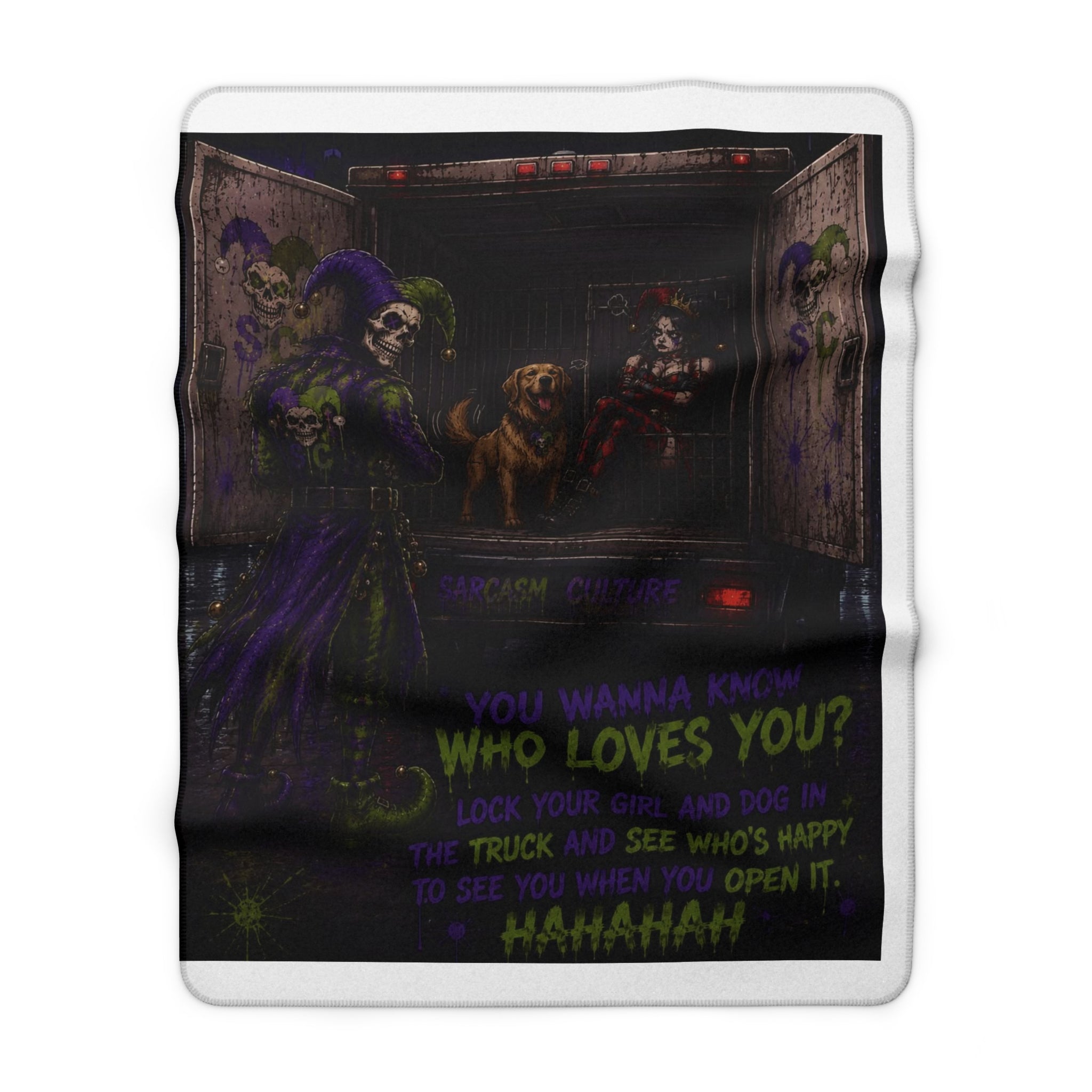 Creepy Clown 'Who Loves You?' Sherpa Blanket — Horror Truck Dog Quote