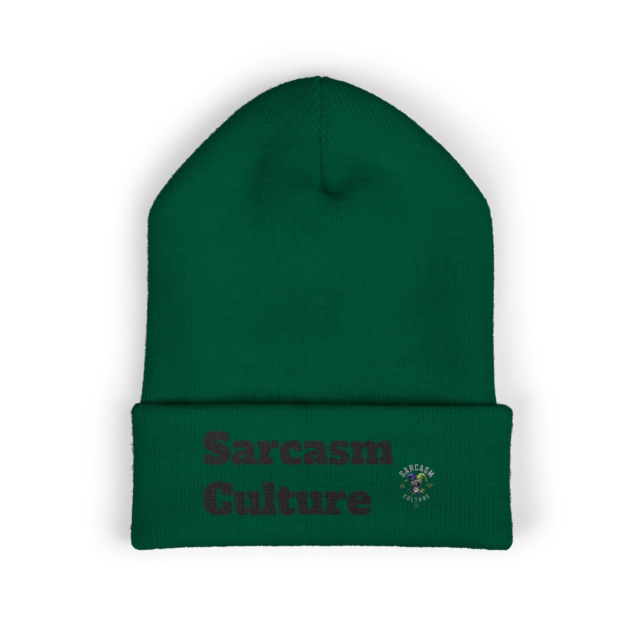 Sarcasm Culture Embroidered Cuffed Beanie — Olive Knit Winter Hat