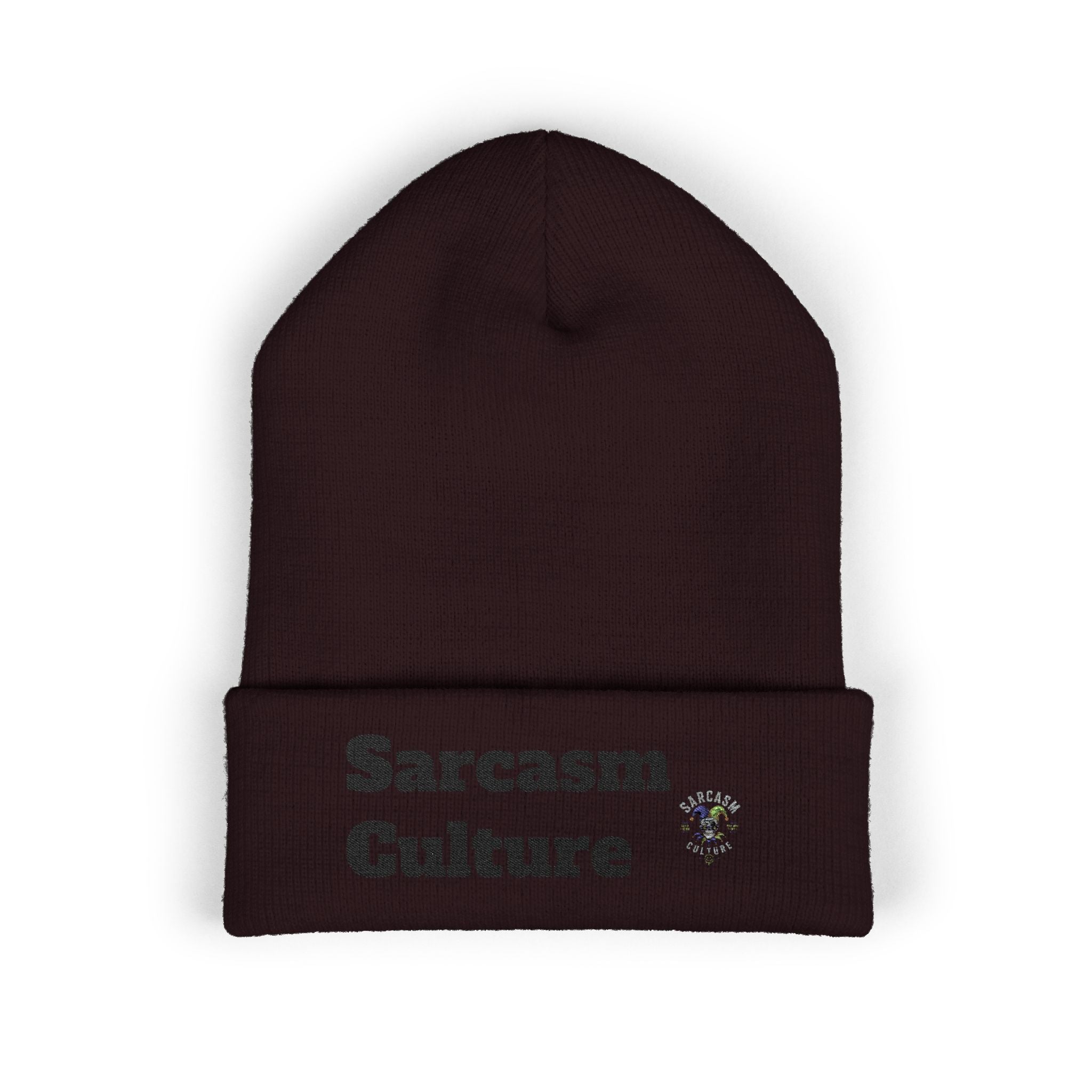 Sarcasm Culture Embroidered Cuffed Beanie — Olive Knit Winter Hat