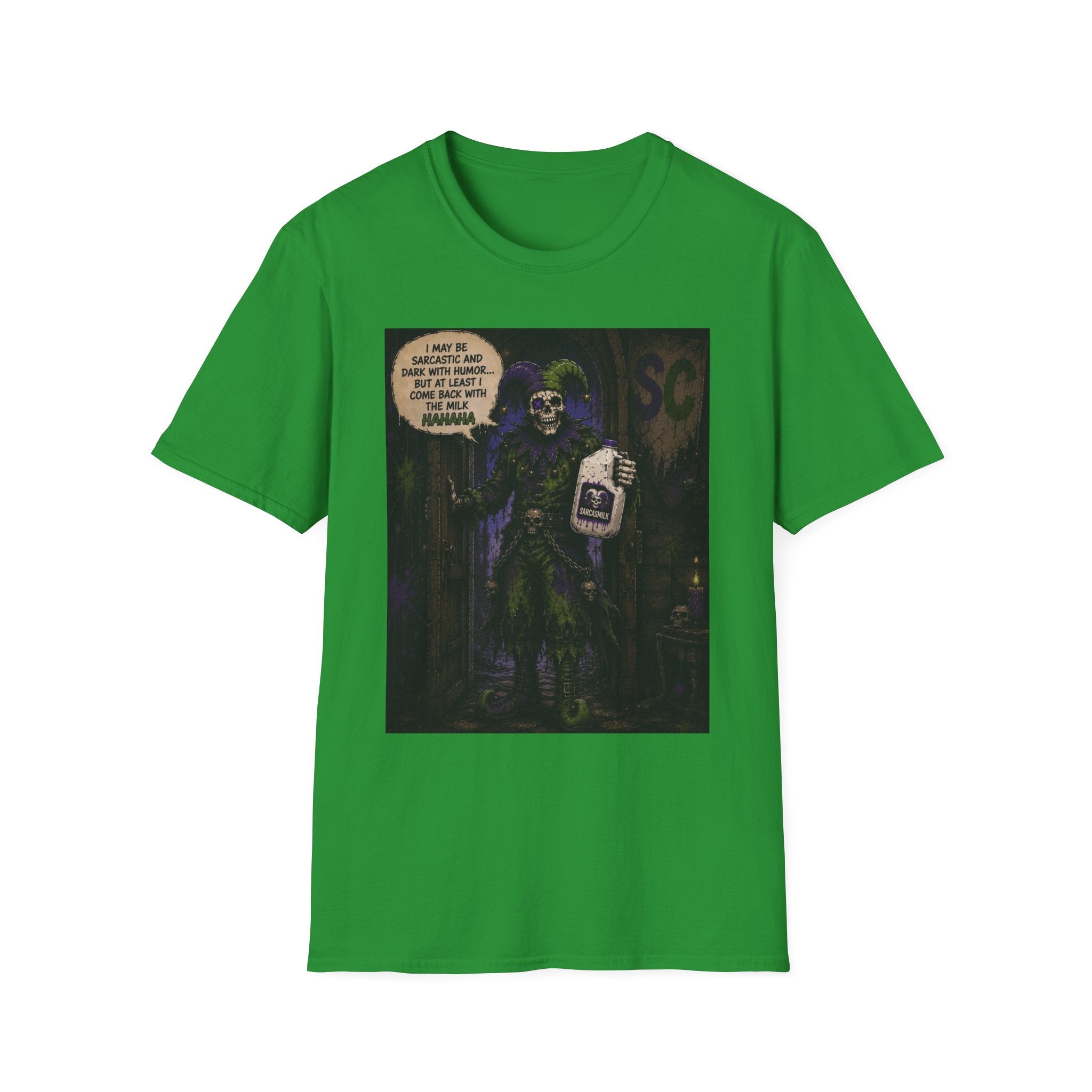 Skeleton with Milk Jug Graphic T-Shirt — 'I Love It When My Bones Pop' Goth Halloween Tee