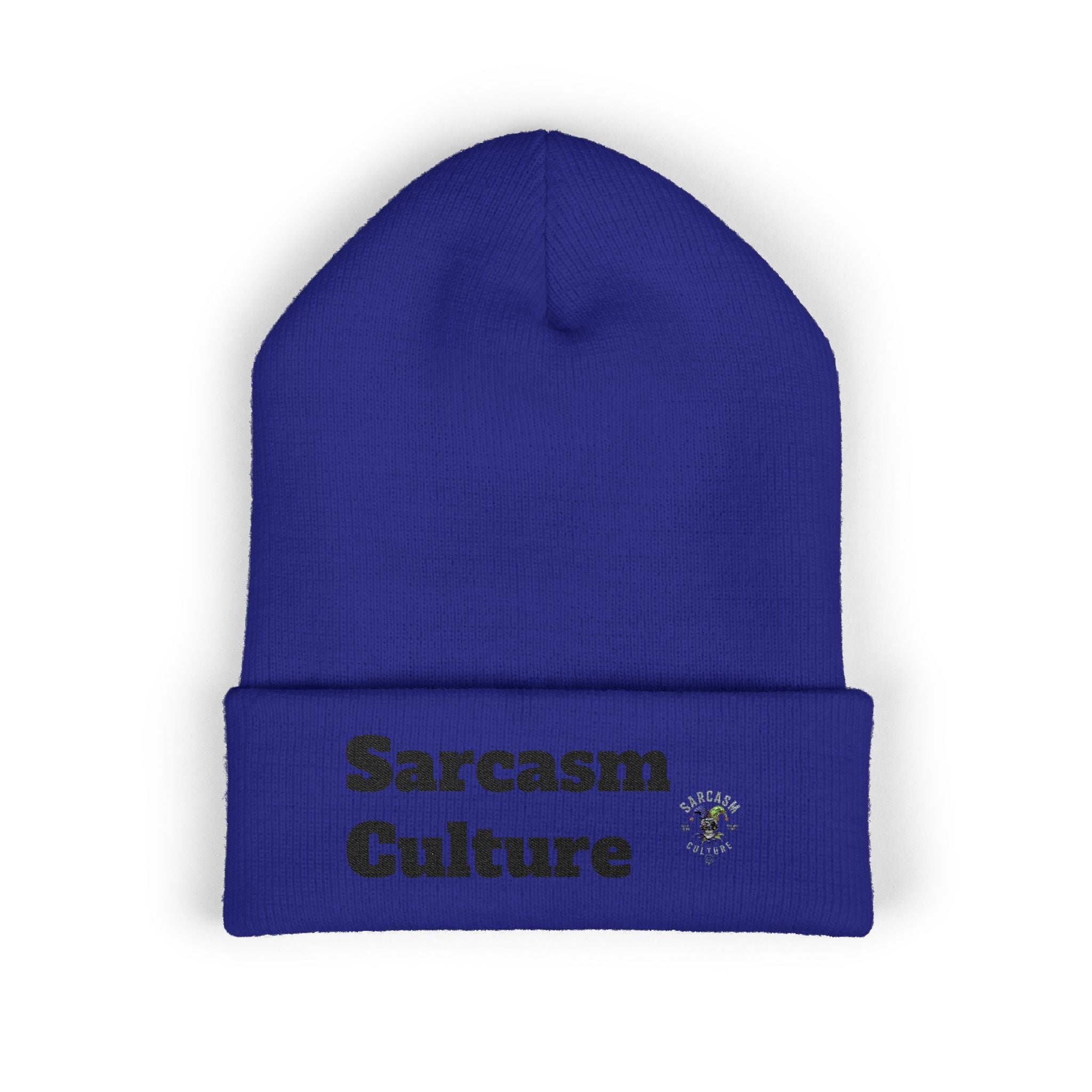 Sarcasm Culture Embroidered Cuffed Beanie — Olive Knit Winter Hat