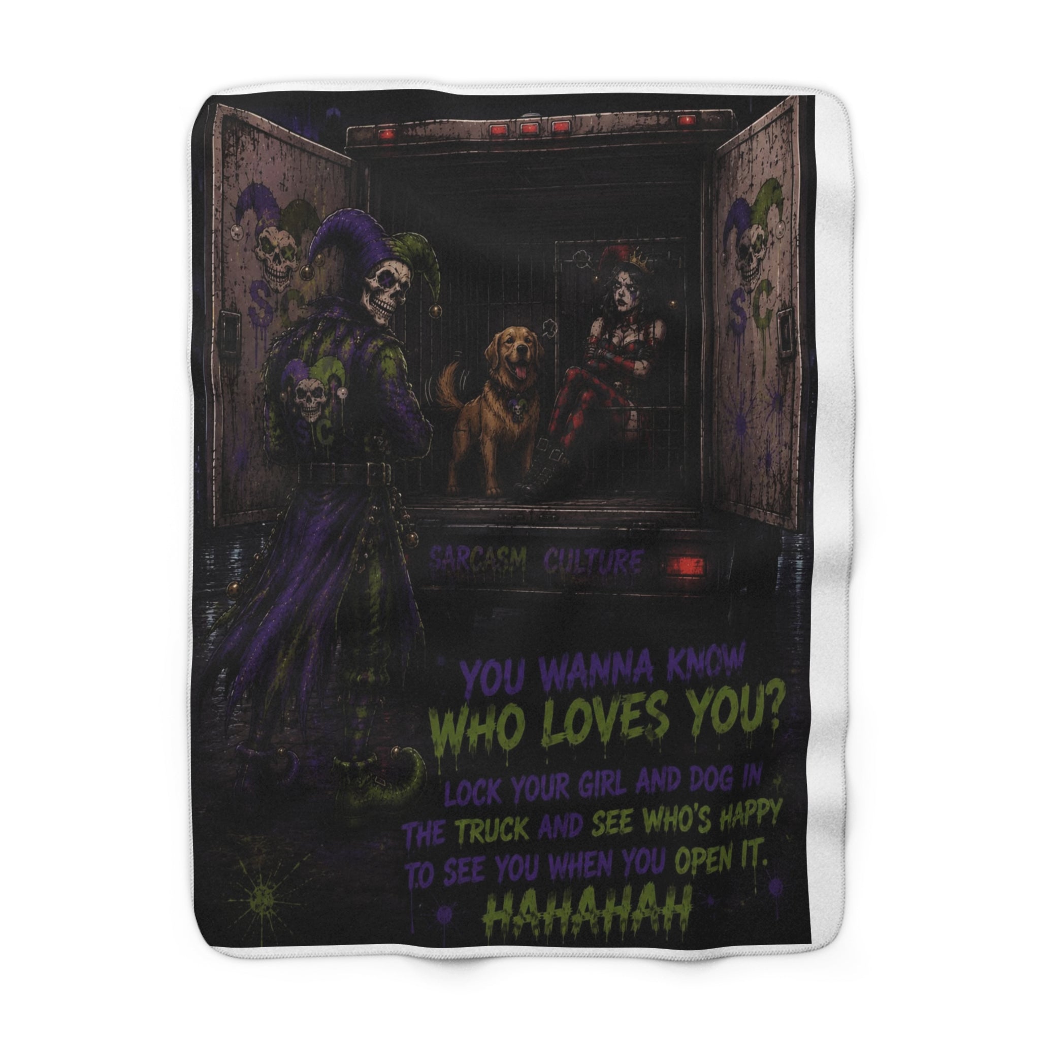 Creepy Clown 'Who Loves You?' Sherpa Blanket — Horror Truck Dog Quote