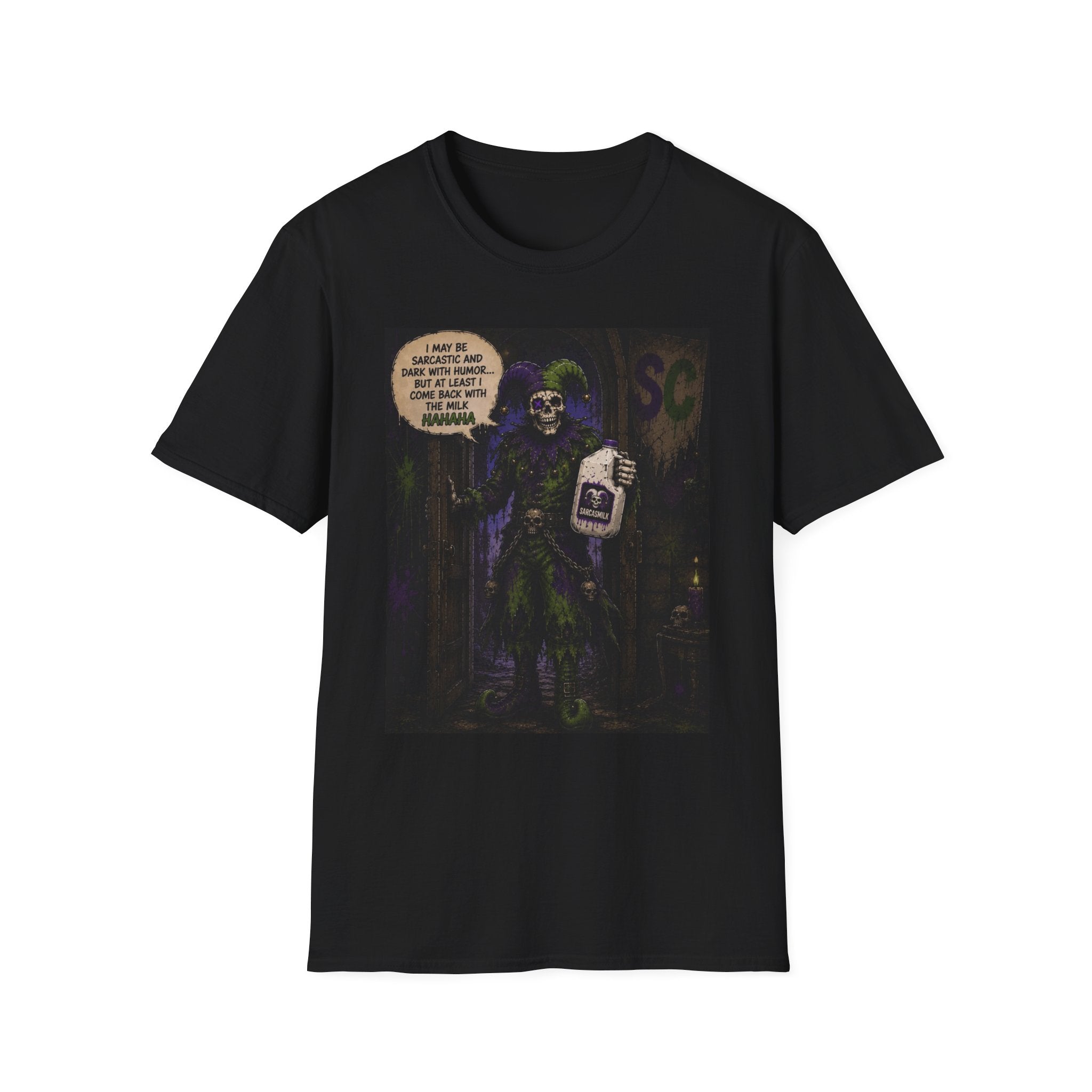 Skeleton with Milk Jug Graphic T-Shirt — 'I Love It When My Bones Pop' Goth Halloween Tee
