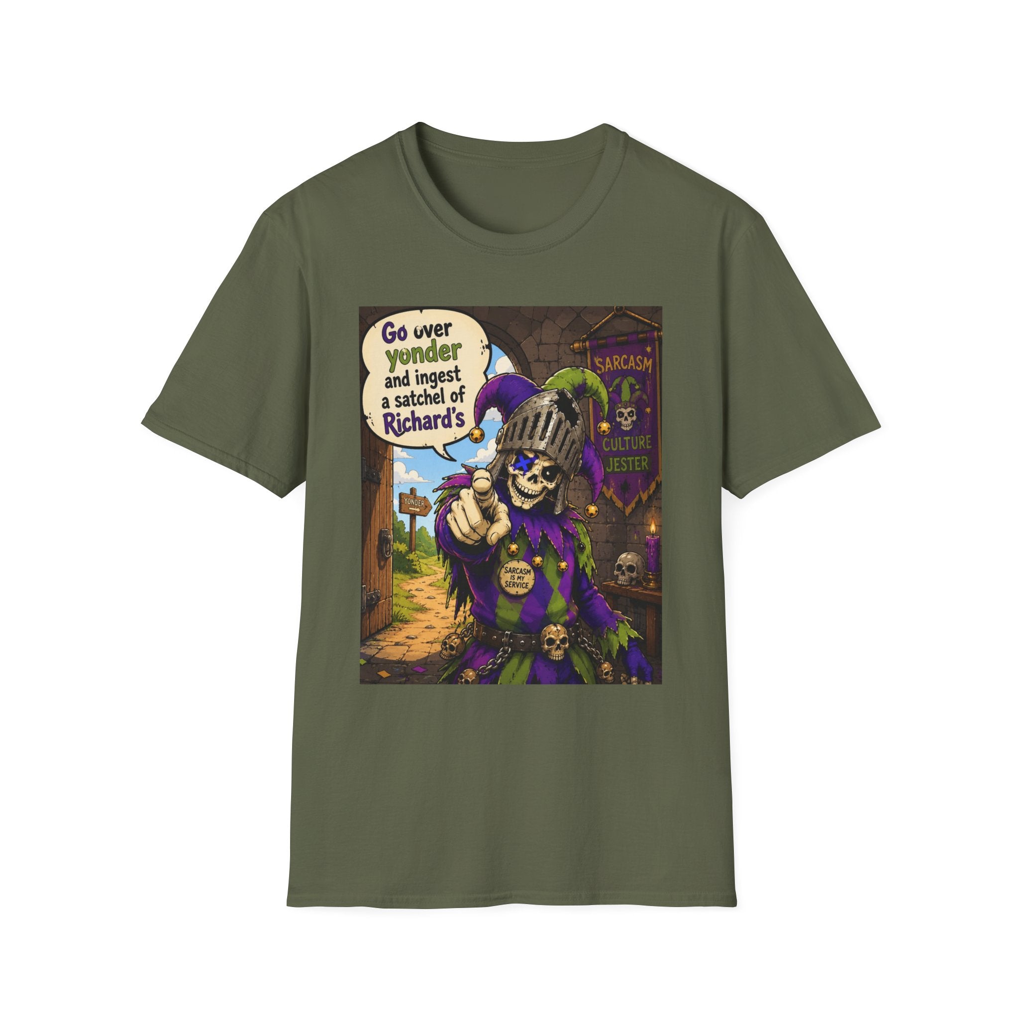 Funny Medieval Skeleton T‑Shirt – 'Go over yonder and ingest a satchel of Richard's' Graphic Tee